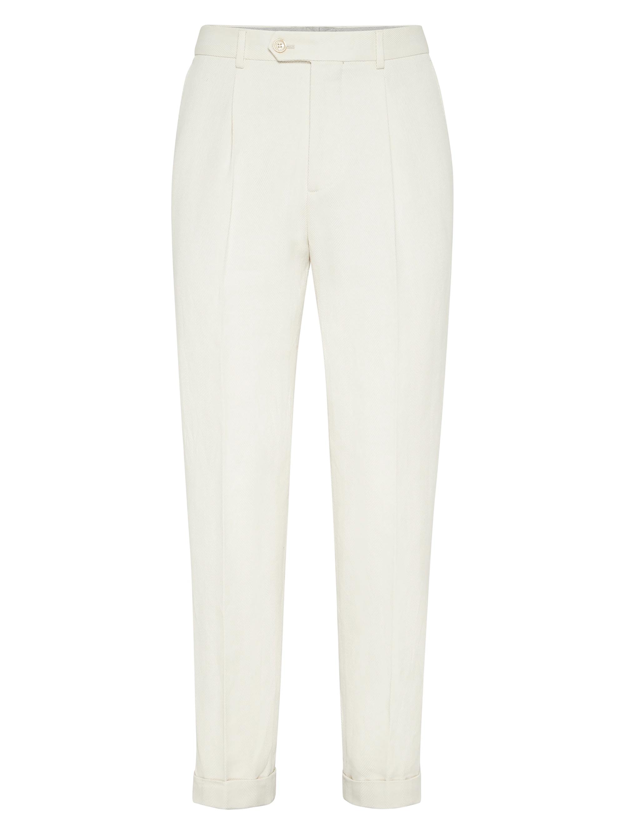 Brunello Cucinelli Men's Cotton and Linen Leisure Fit Trousers with Pleat - Ecru