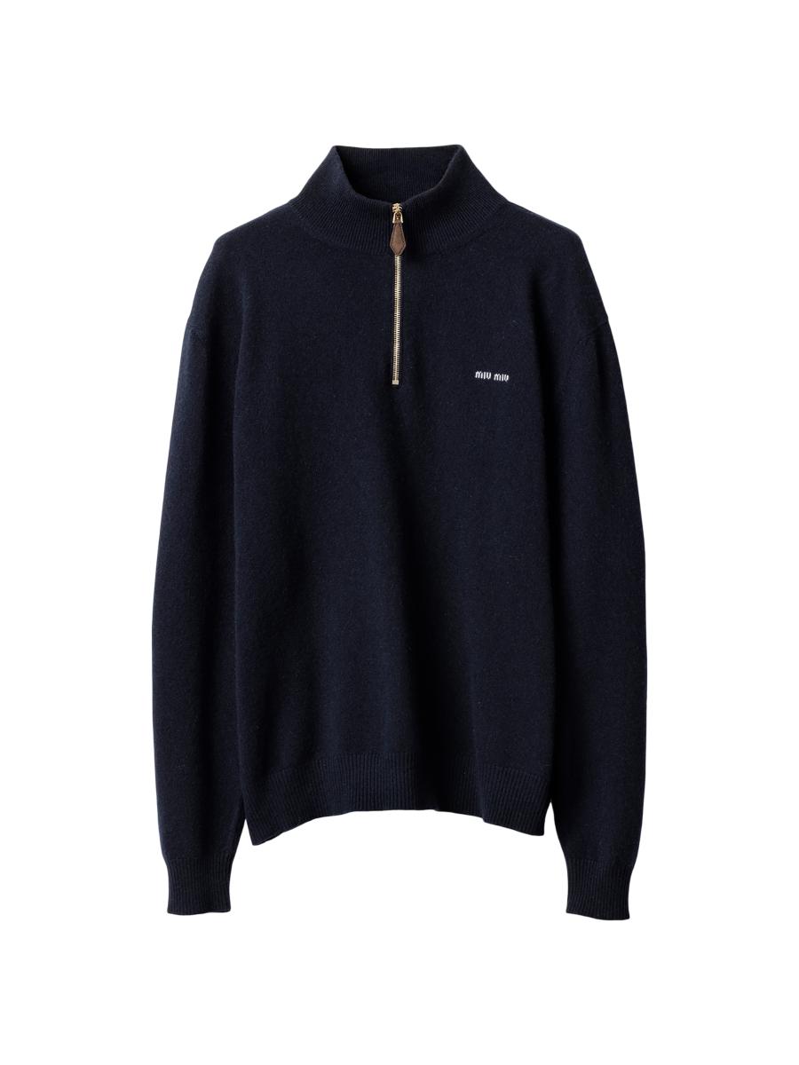 Miu Miu Women's Cashmere And Leather Zipper Sweater In Blue