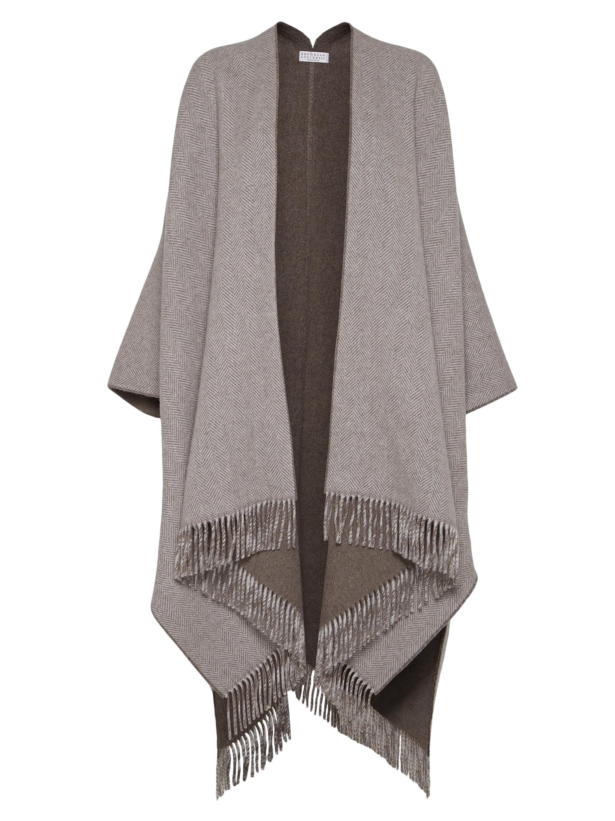 Brunello Cucinelli Women's Sparkling Cashmere Chevron Flannel Reversible Poncho with Fringe - Light Brown