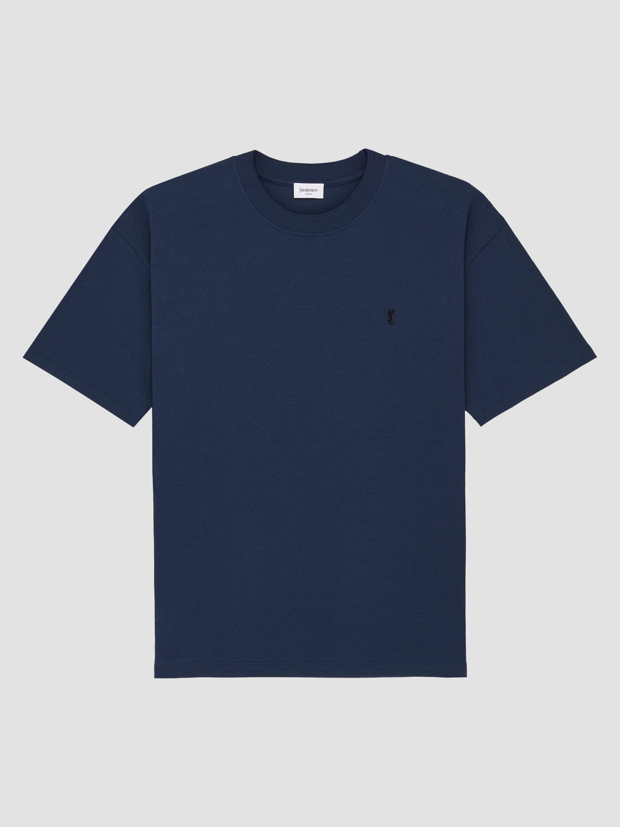 Saint Laurent Men's Cassandre T-Shirt in Pique - Bleu Mineral | Thumbnail 3