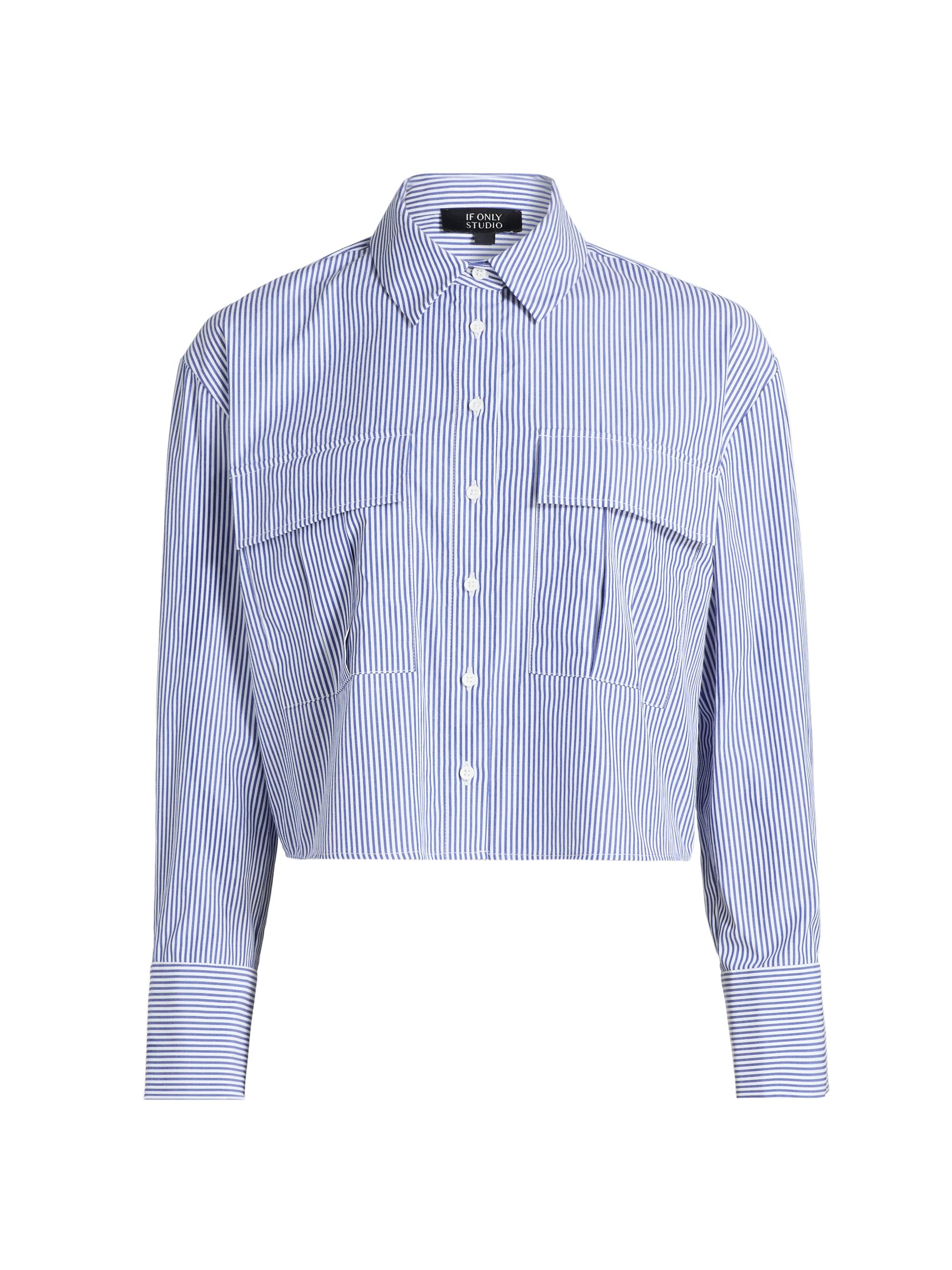 If Only Studio Women's Cropped Striped Nylon Blouse - Navy White