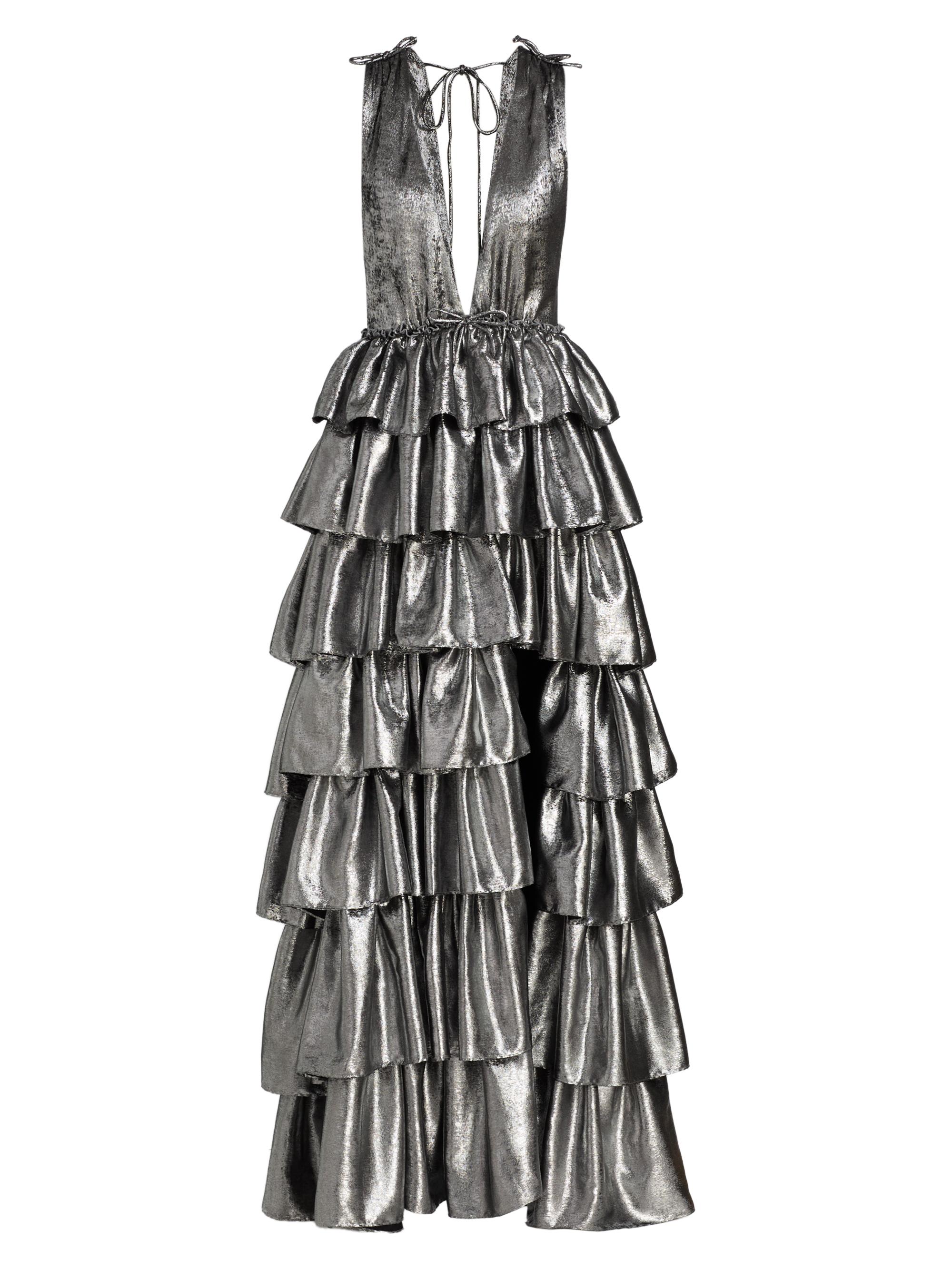Aknvas Women's Henriette Metallic Ruffled Tiered Sleeveless Gown - Gunmetal