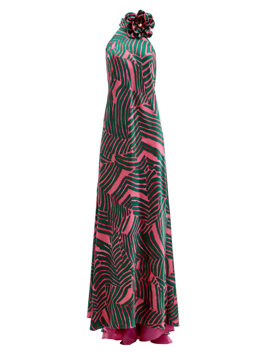 Silvia Tcherassi Women's Tila Printed Silk-Blend Halter Gown - Pink Green Abstract - Size Large