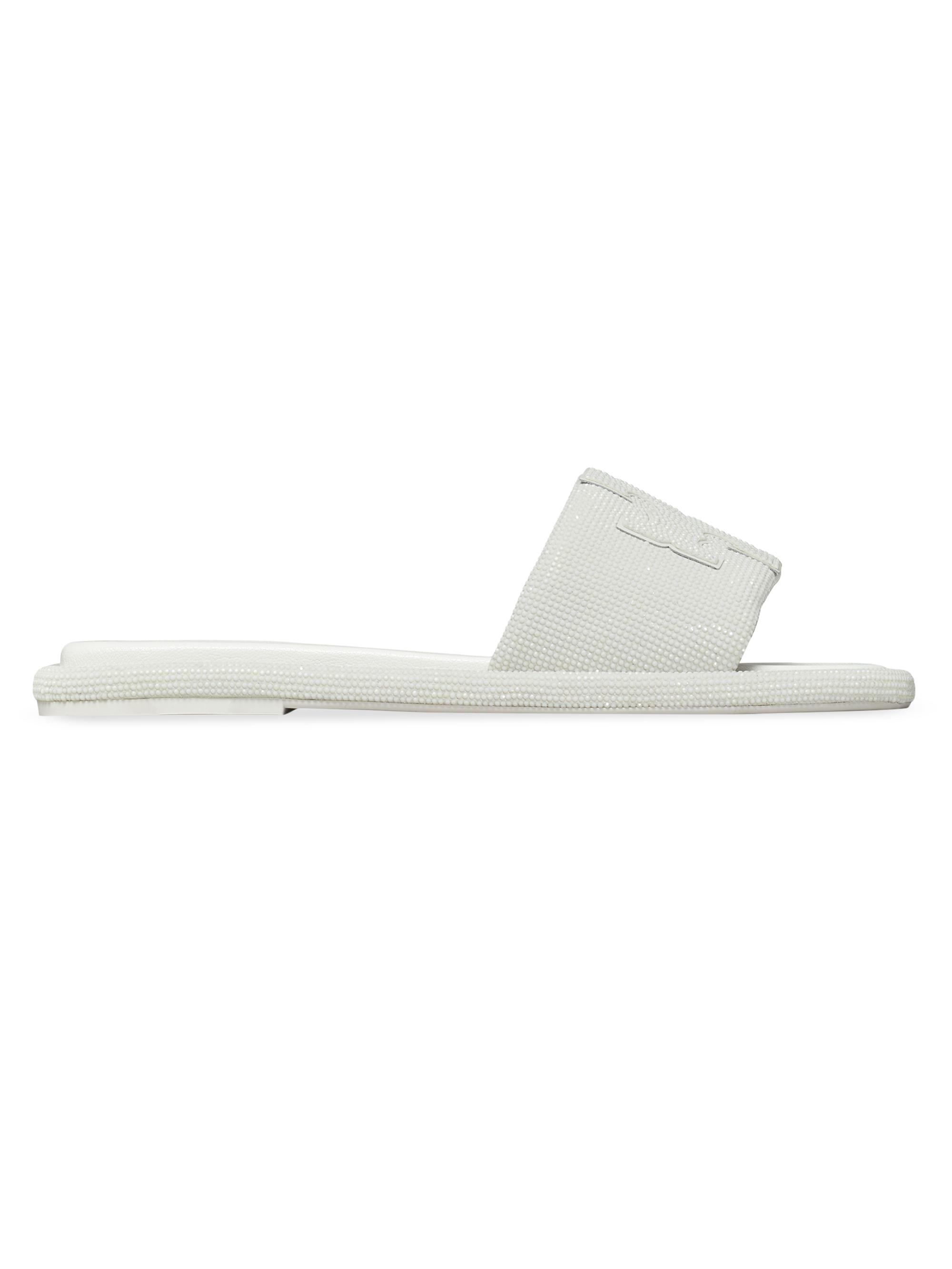 Tory Burch Women's Double-T Pavé Leather Slides - Optic White  Sandals | Thumbnail 5