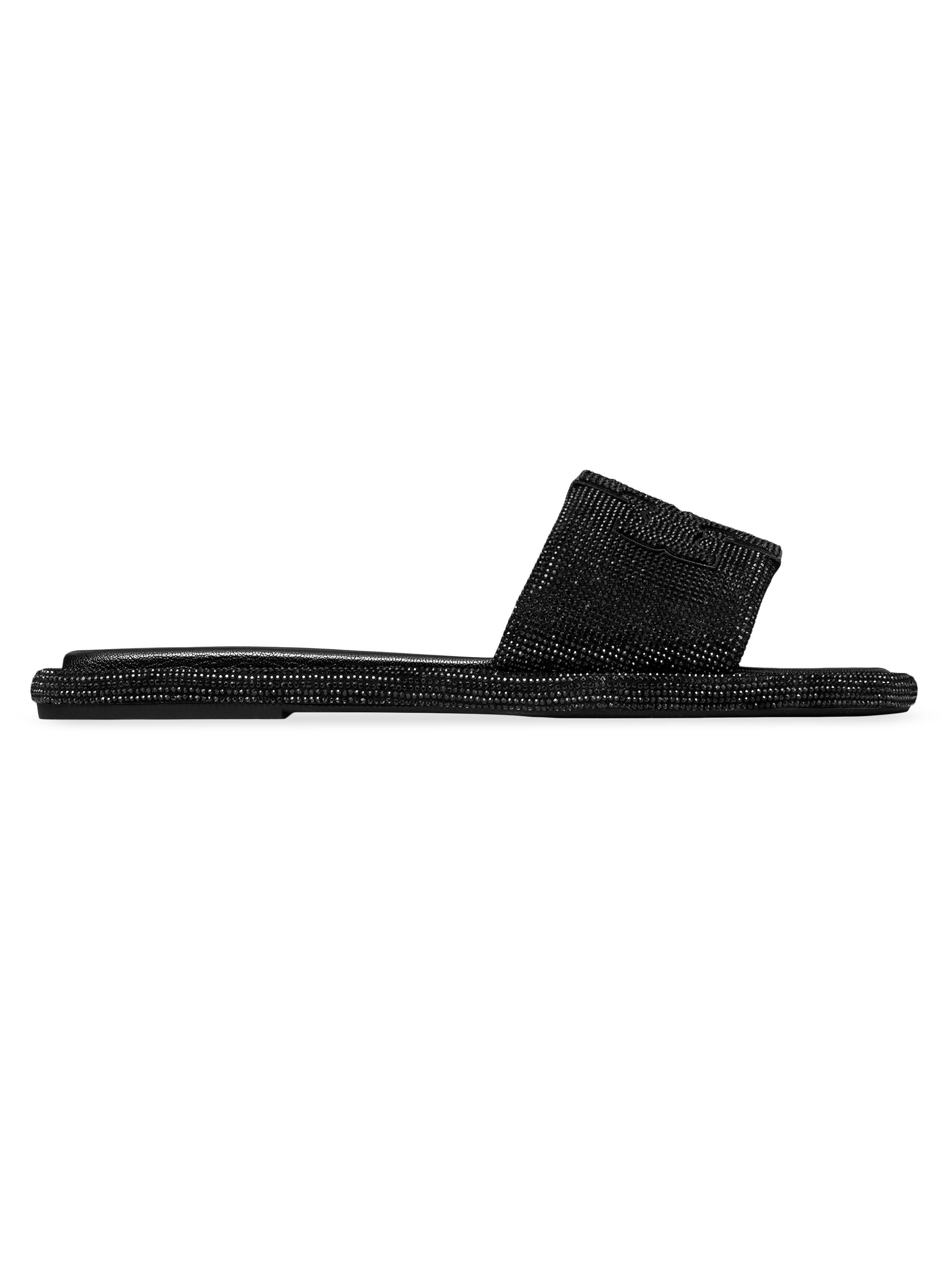 Tory Burch Women's Double-T Pavé Leather Slides - Perfect Black  Sandals