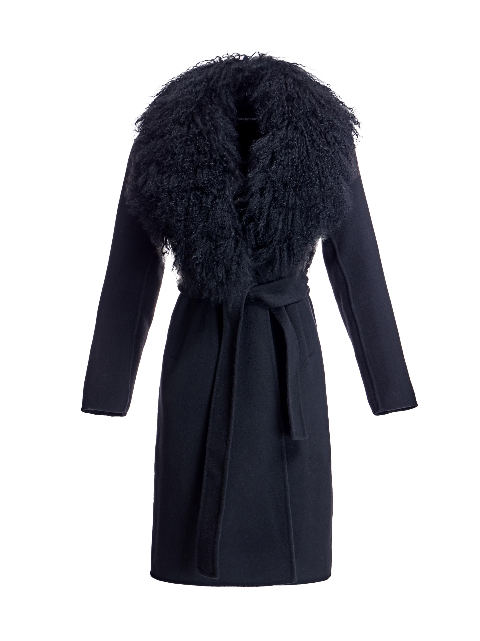 Maximilian Women's  Belted Wool Coat with Tibetan Lamb Collar - Black