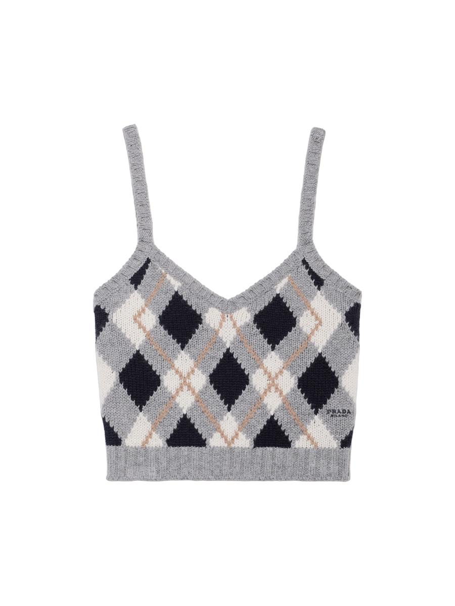 Prada Women's Argyle Knit Cashmere Top In Gray