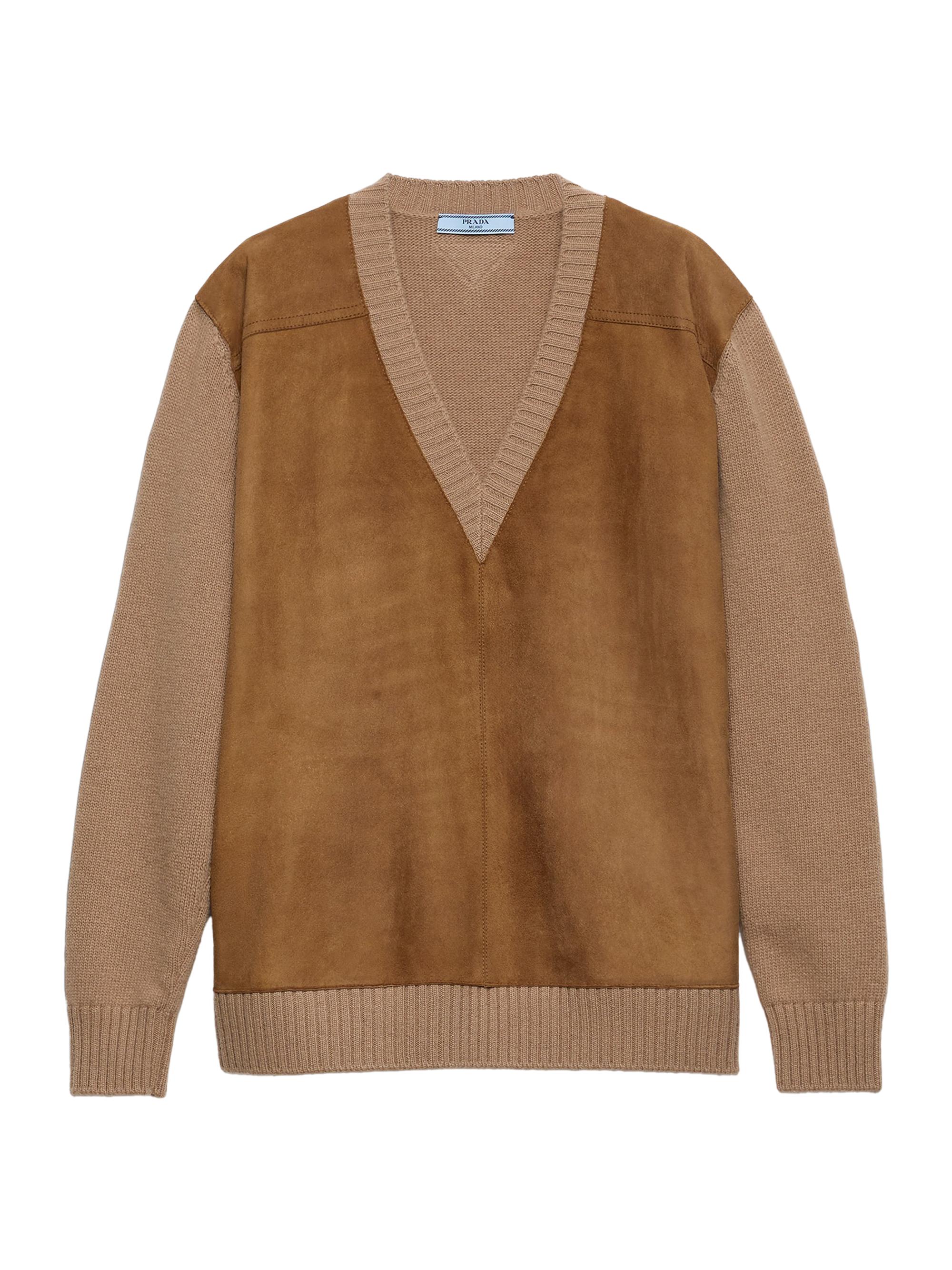 Prada Women's Cashmere Wool and Suede V-Neck Sweater - Brown
