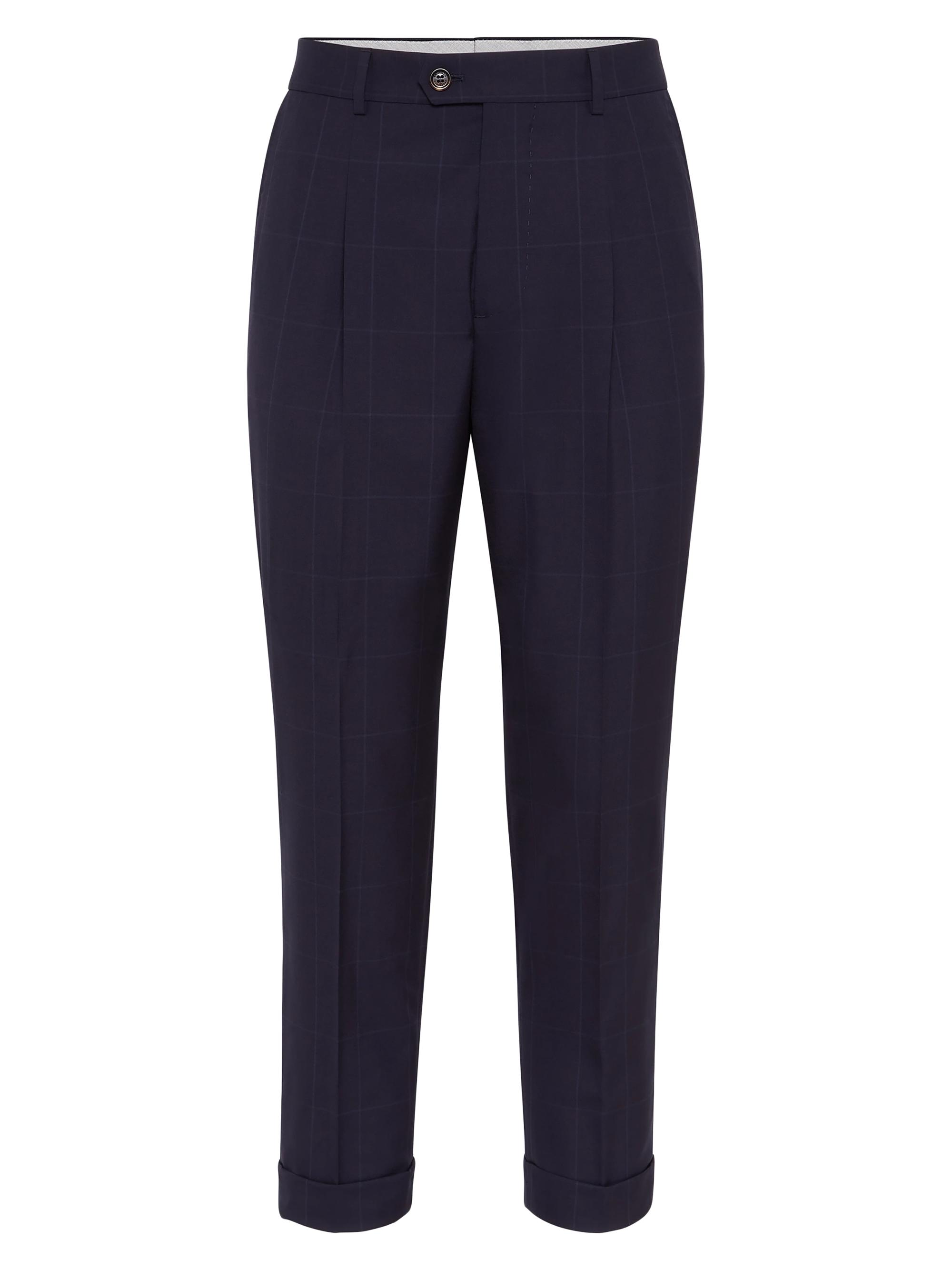 Brunello Cucinelli Men's Super 120s Virgin Wool Overcheck Leisure Fit Trousers with Pleat - Navy Blue