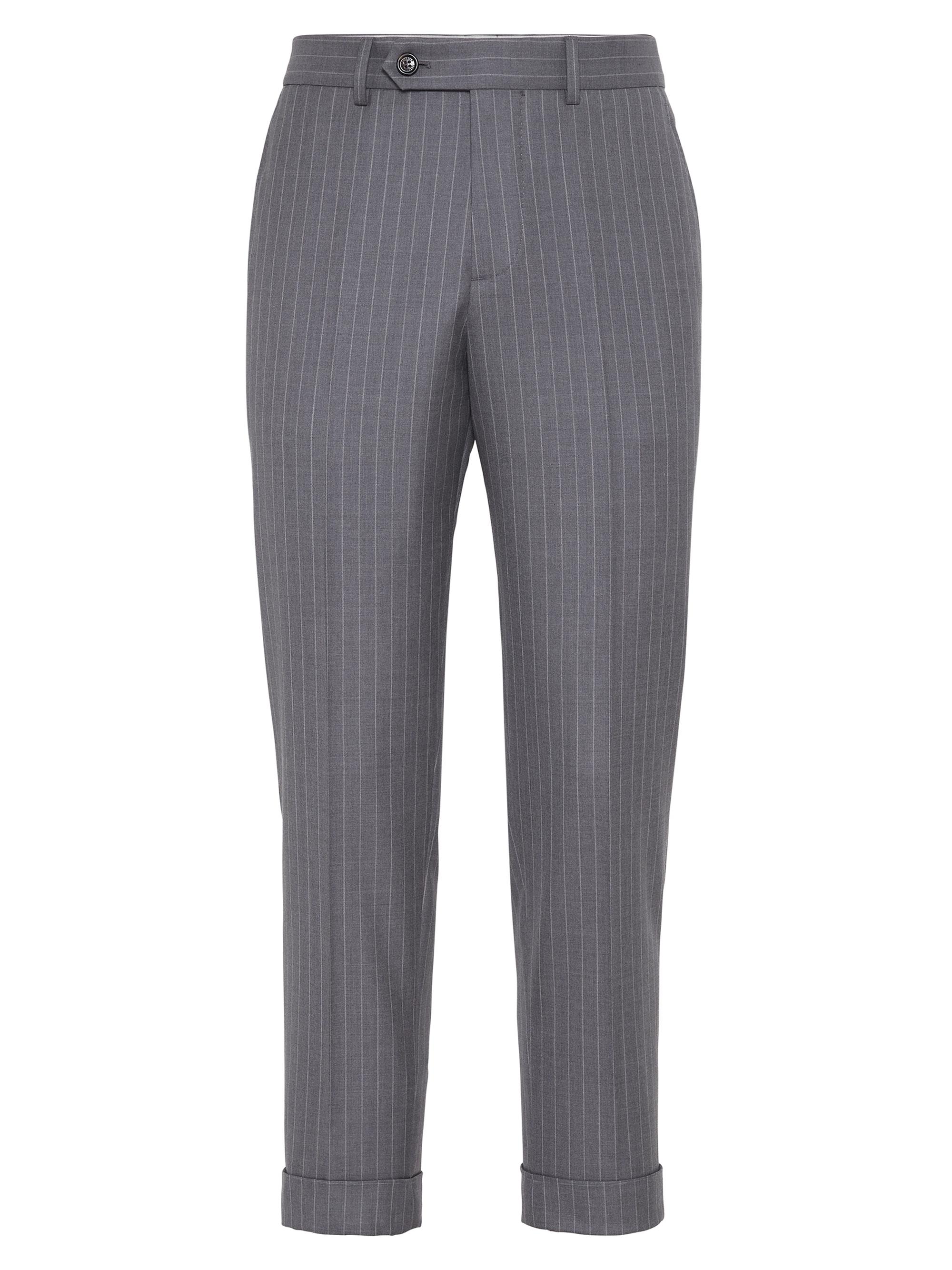 Brunello Cucinelli Men's Virgin Wool Chalk Stripe Batavia Formal Fit Trousers - Grey