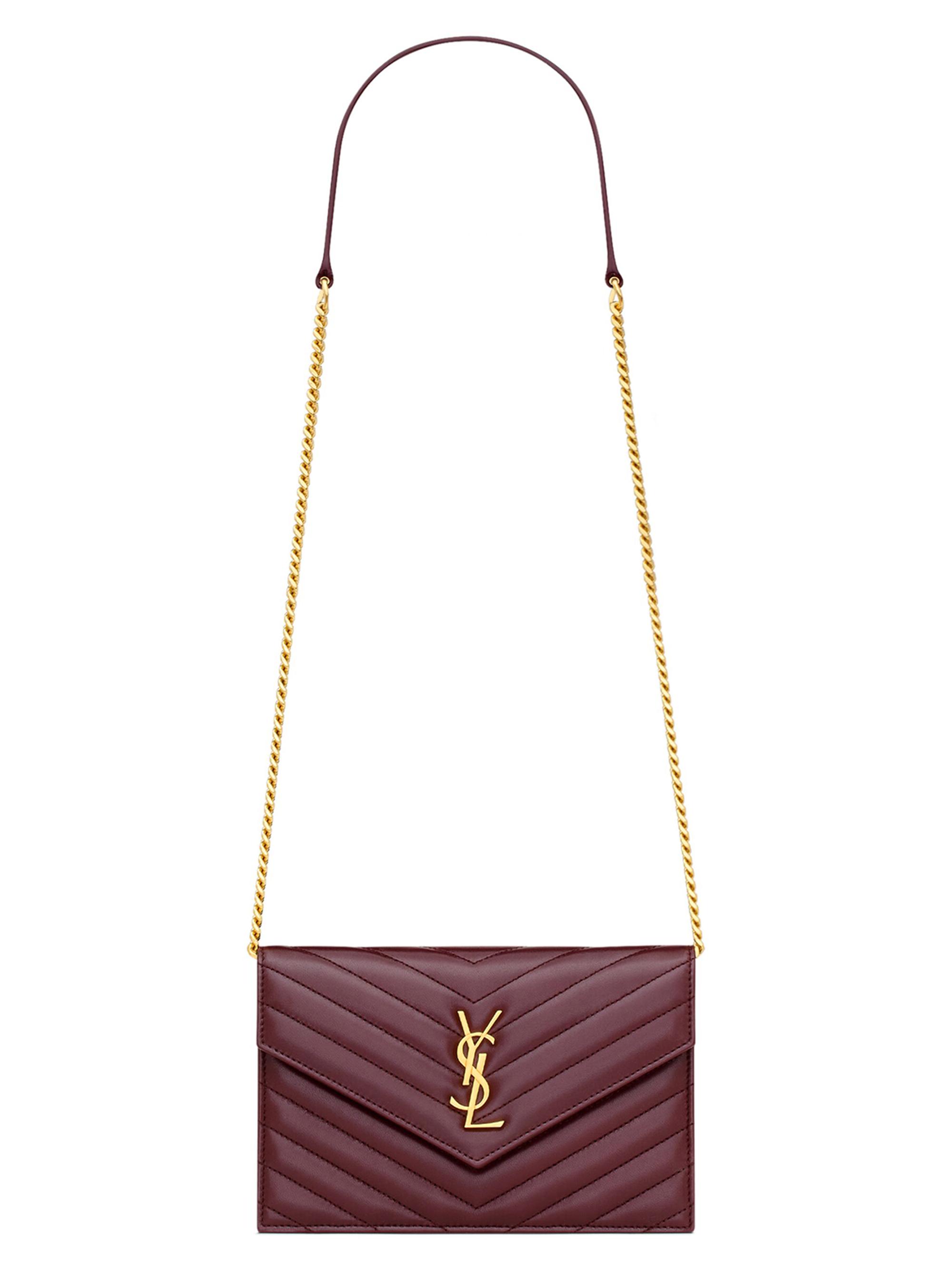 Saint Laurent Women's Cassandre Envelope Chain Wallet in Lambskin - Rouge Cabernet