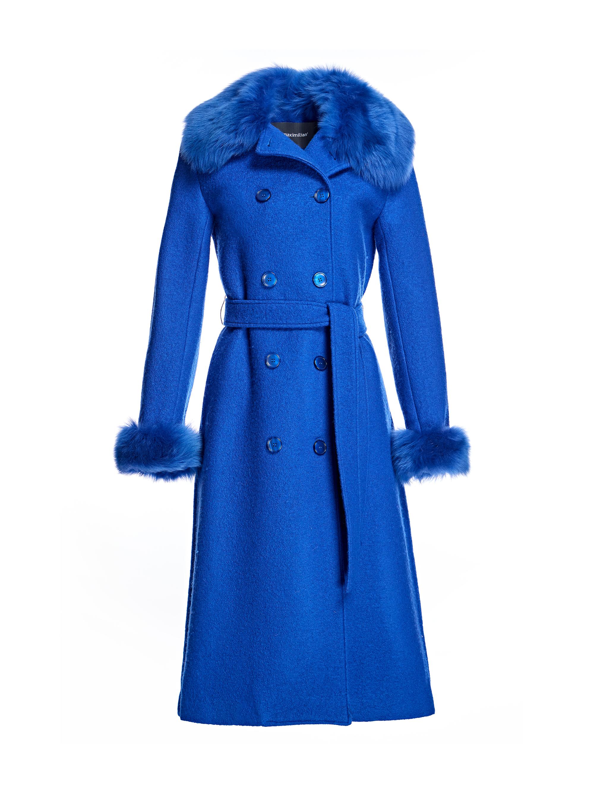 Maximilian Women's Belted Italian Wool Coat with Lamb Trim Collar and Cuff - Royal Blue
