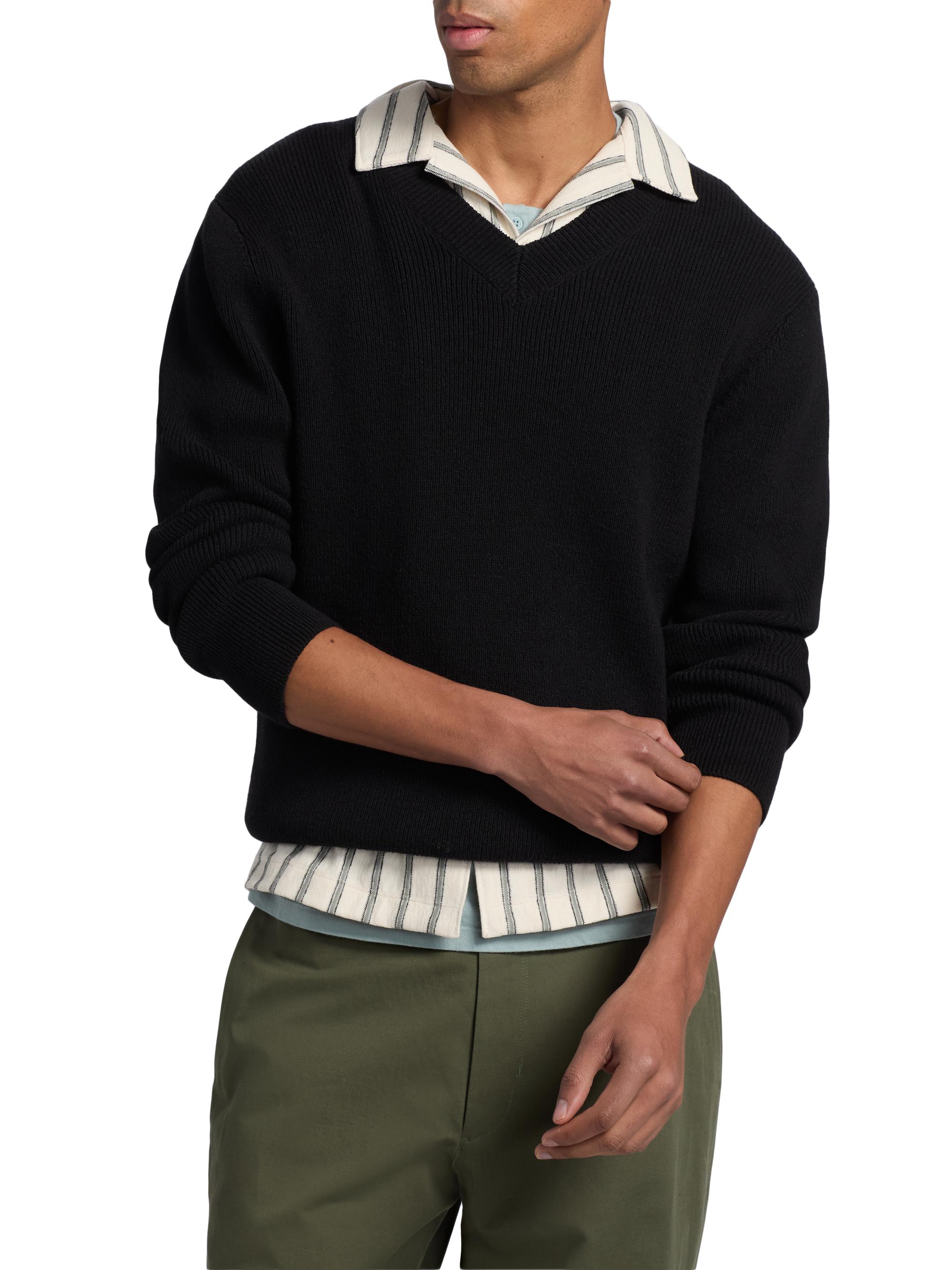 Vince Men's Rib-Knit Cotton-Blend V-Neck Sweater - Black | Thumbnail 3