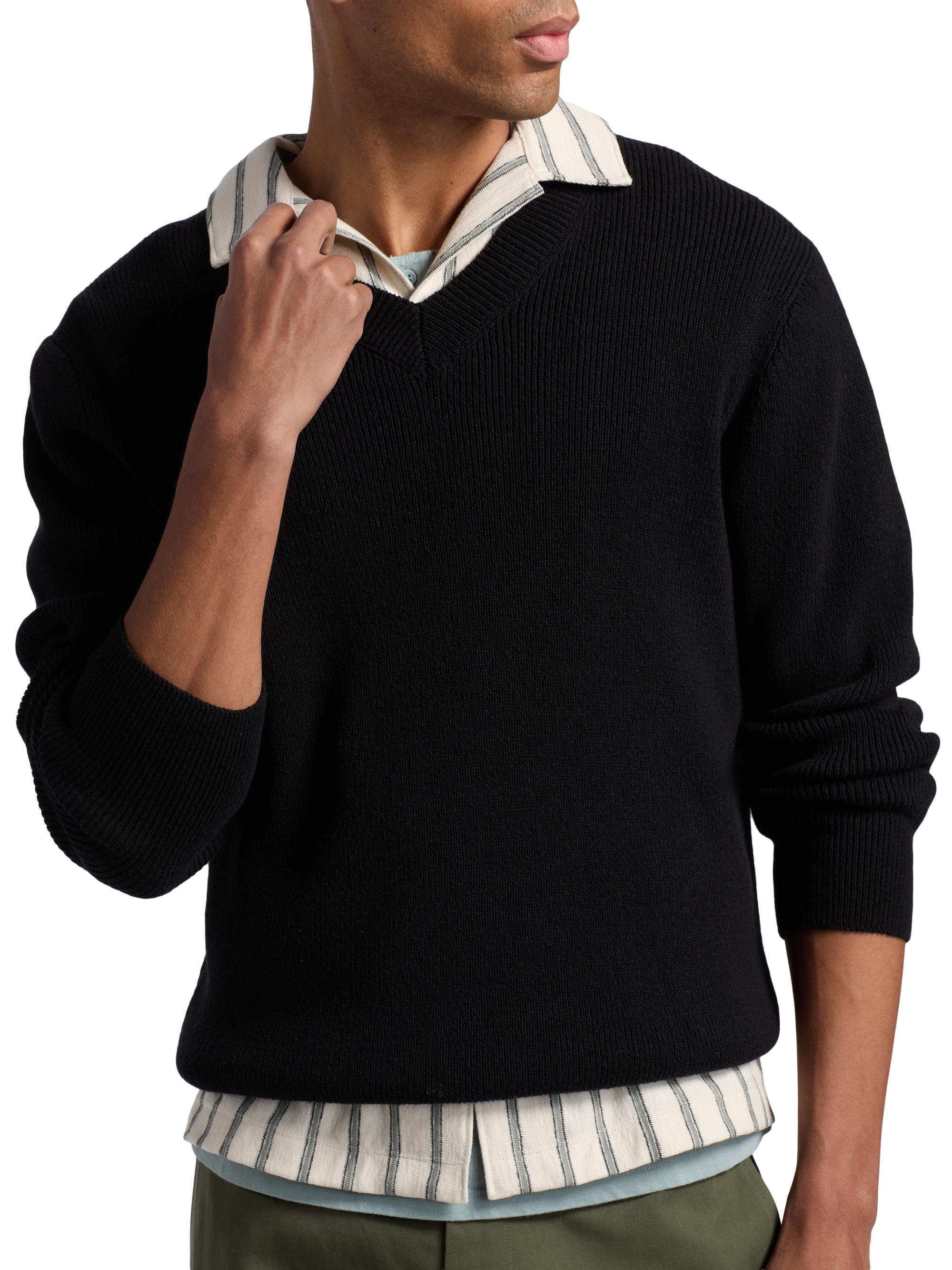 Vince Men's Rib-Knit Cotton-Blend V-Neck Sweater - Black | Thumbnail 6