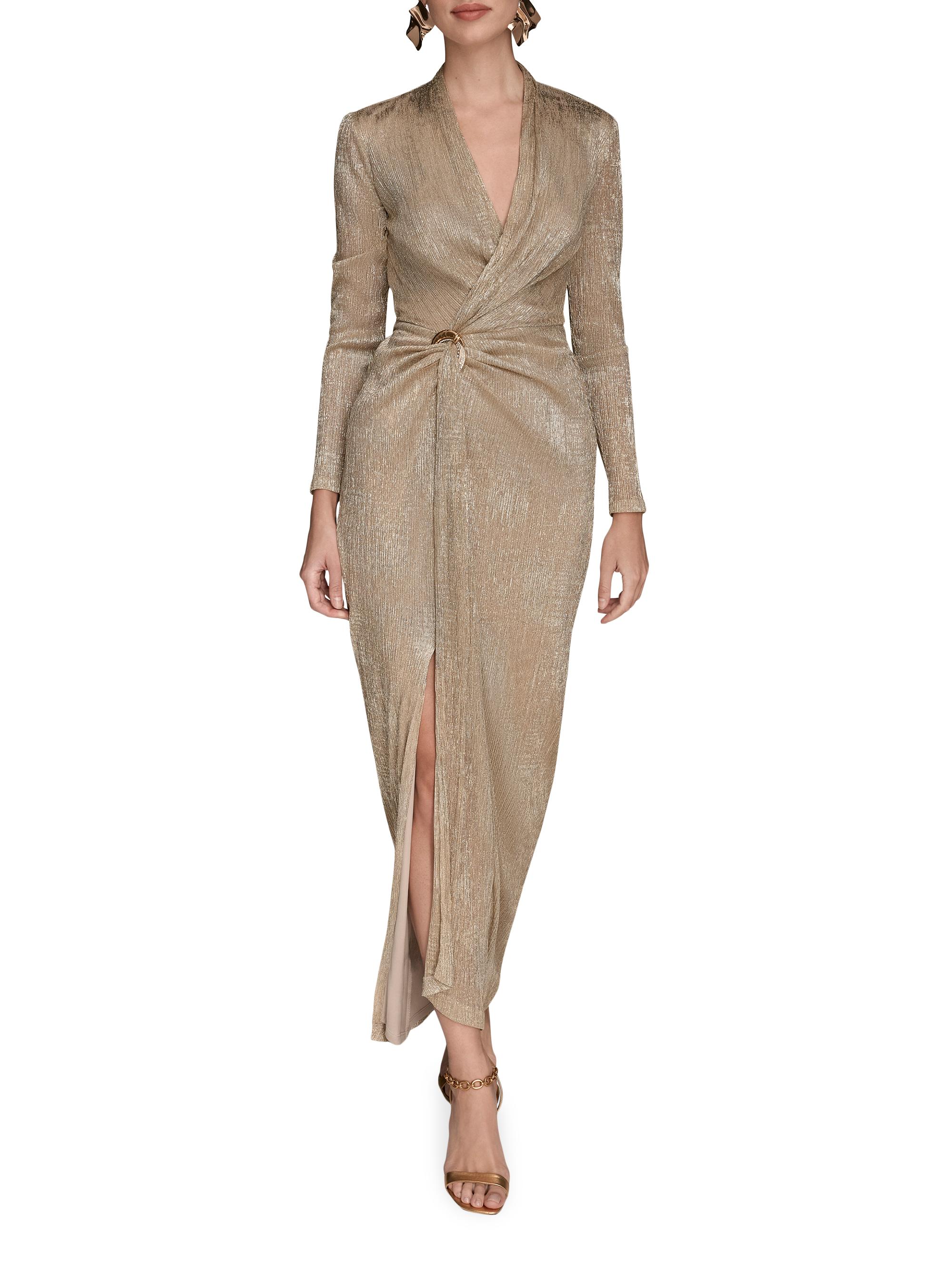 Donna Karan New York Women's Metallic Crinkle-Knit Embellished Wrap-Style Gown - Gold