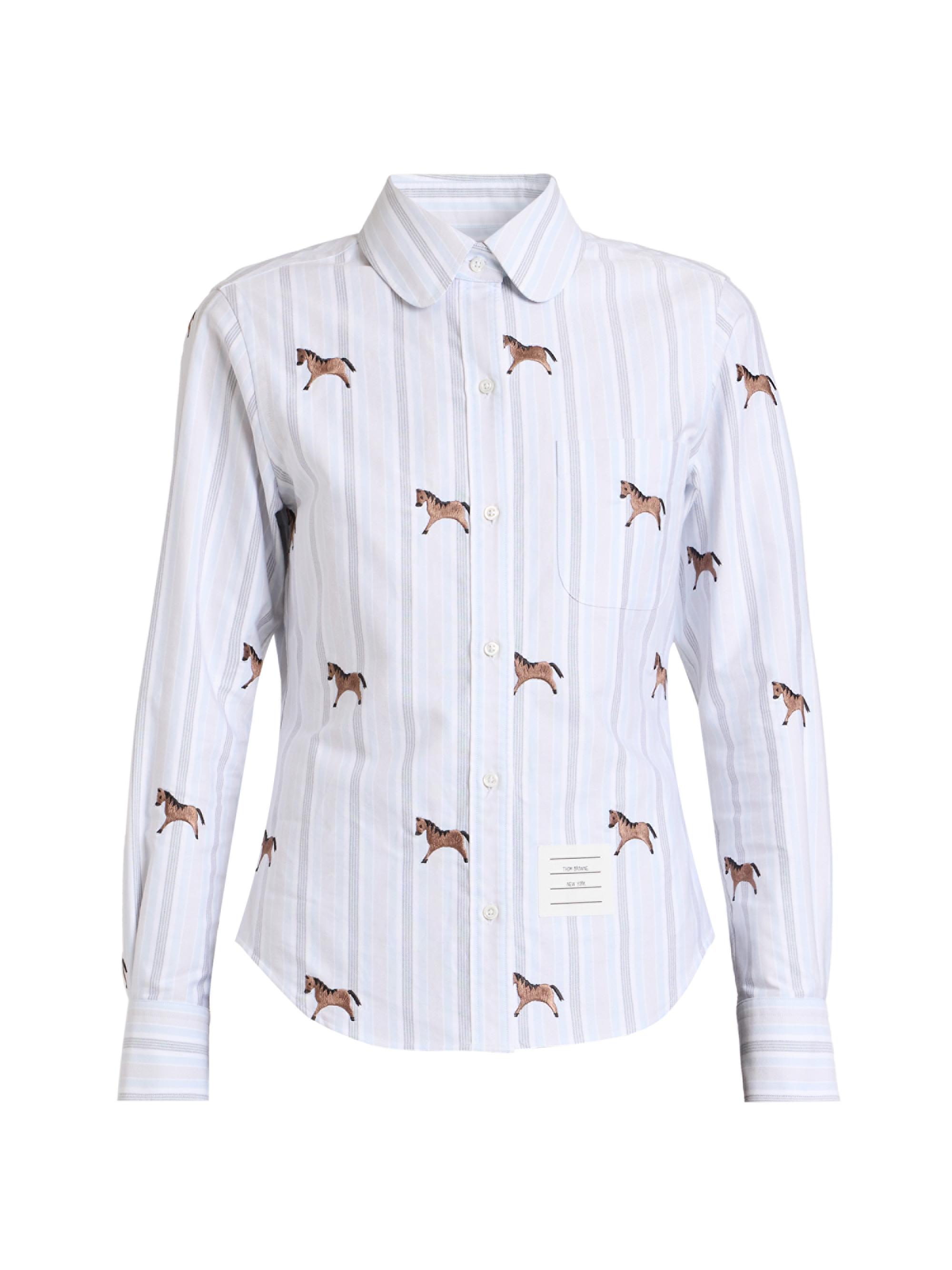 Thom Browne Women's Horse Striped Cotton Shirt - Medium Blue