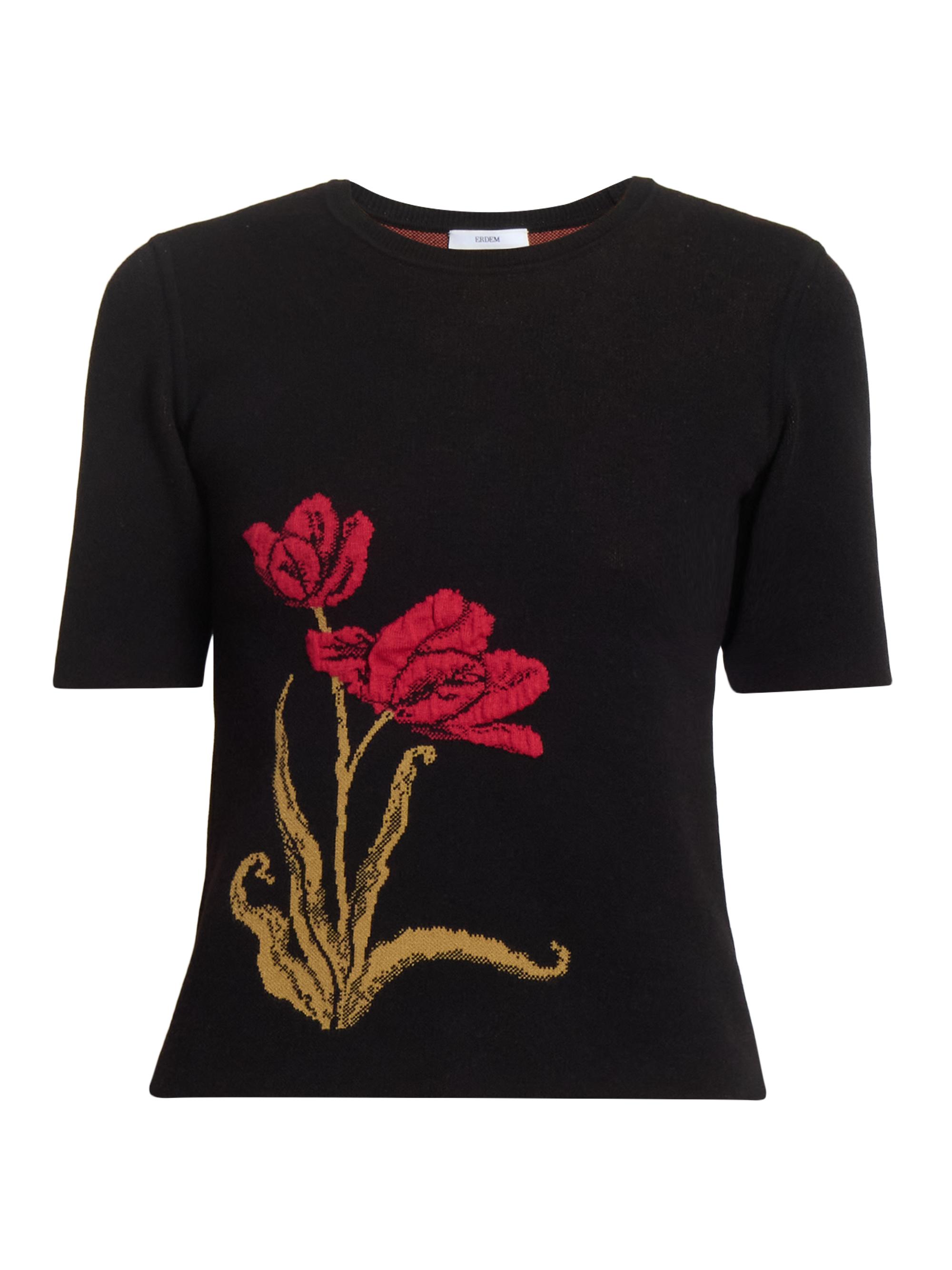 Erdem Women's Flower Knit Short-Sleeve Sweater - Black