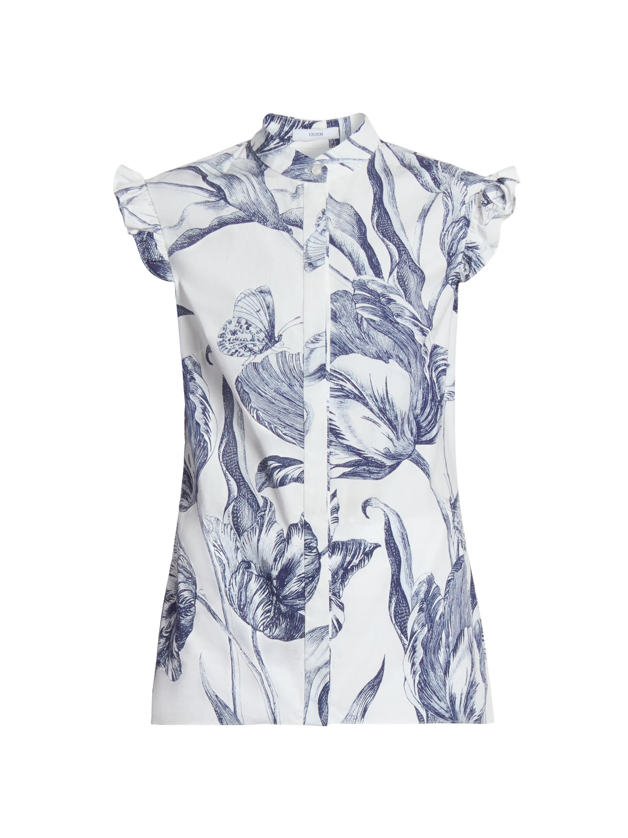 Erdem Women's Botanical Flutter Sleeve Top - Botanical Engraving