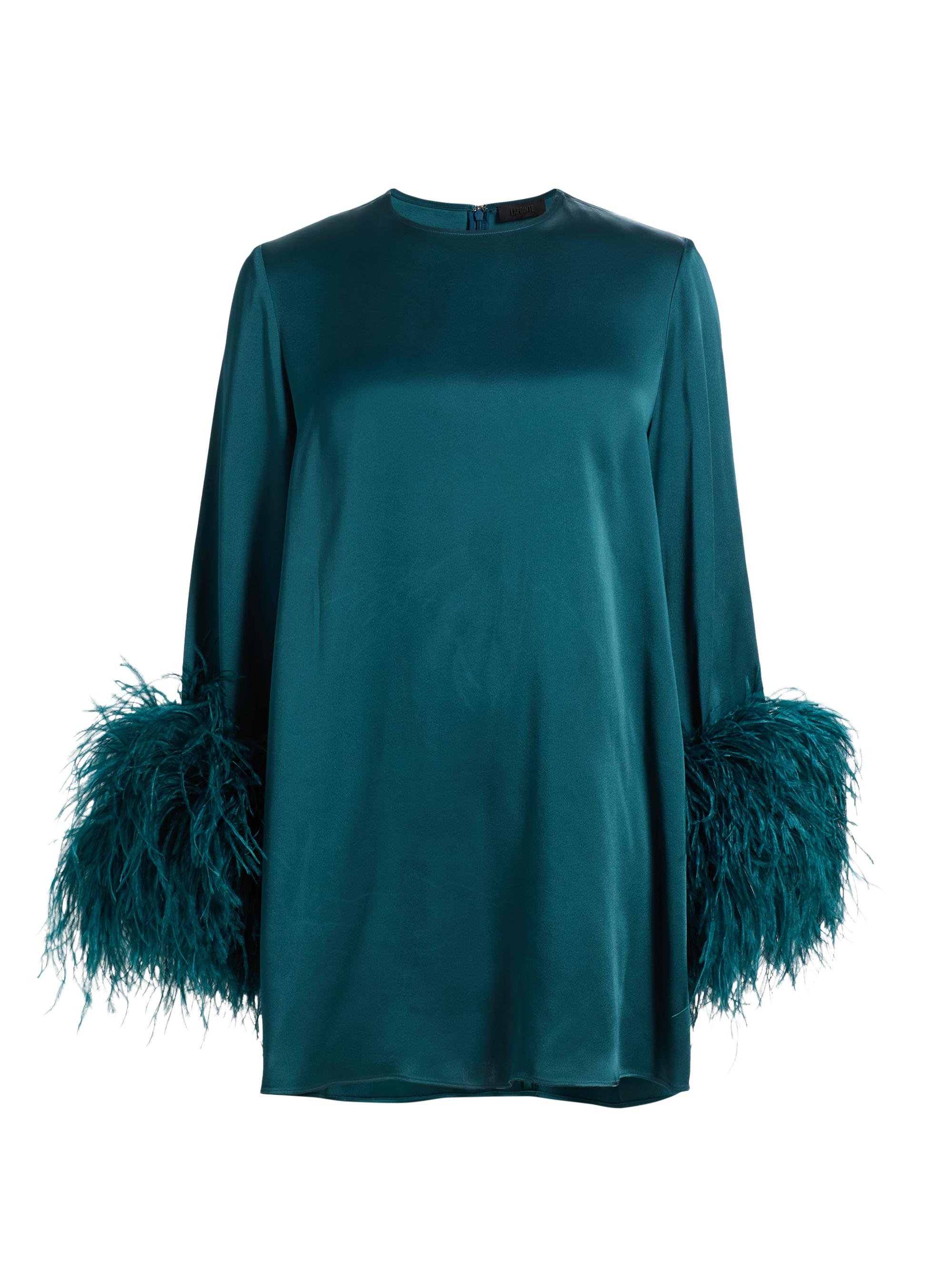 LaPointe Women's Feather-Cuff Satin Shift Minidress - Teal