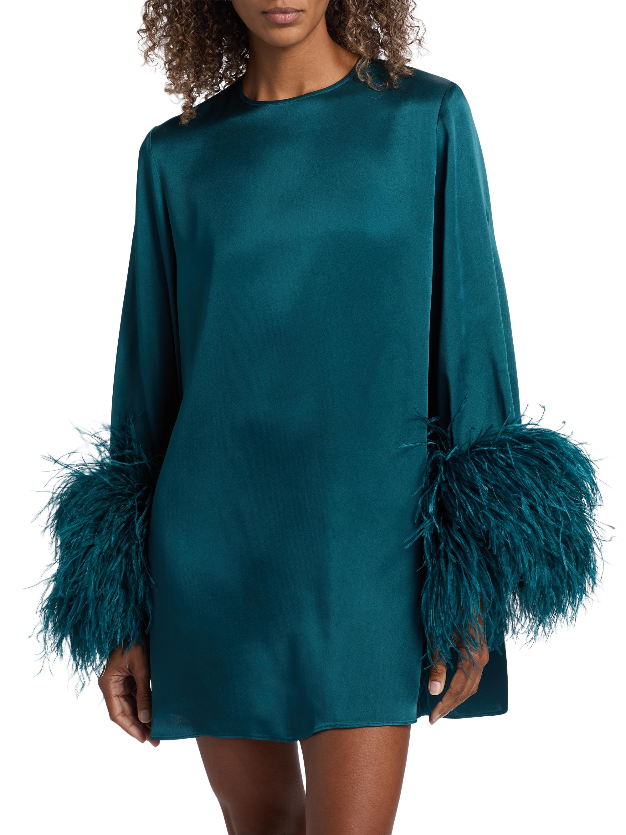 LAPOINTE Women's Feather-Cuff Satin Shift Minidress - Teal - Size Medium