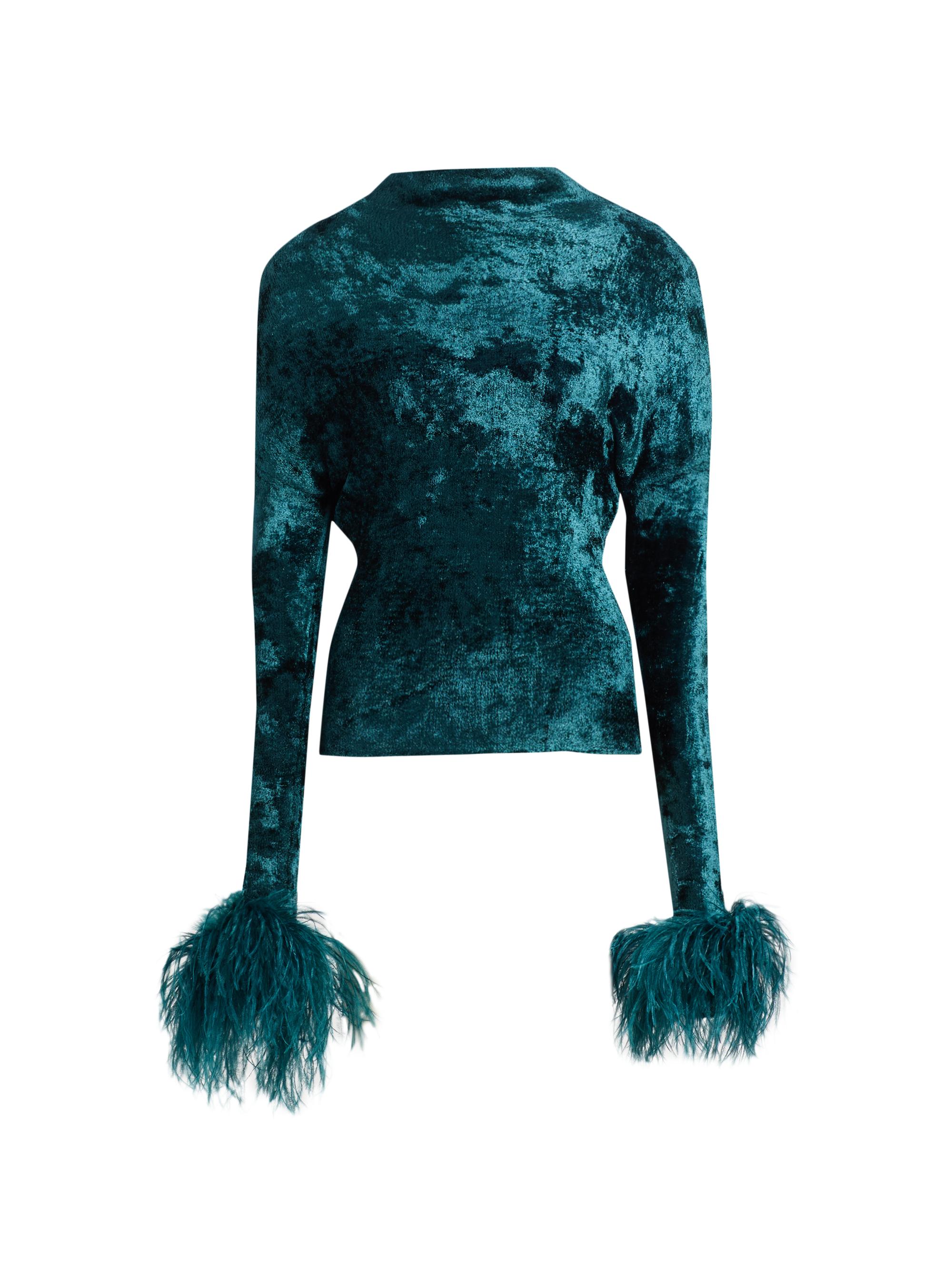 LaPointe Women's Feather-Cuff Velvet Top - Dark Teal