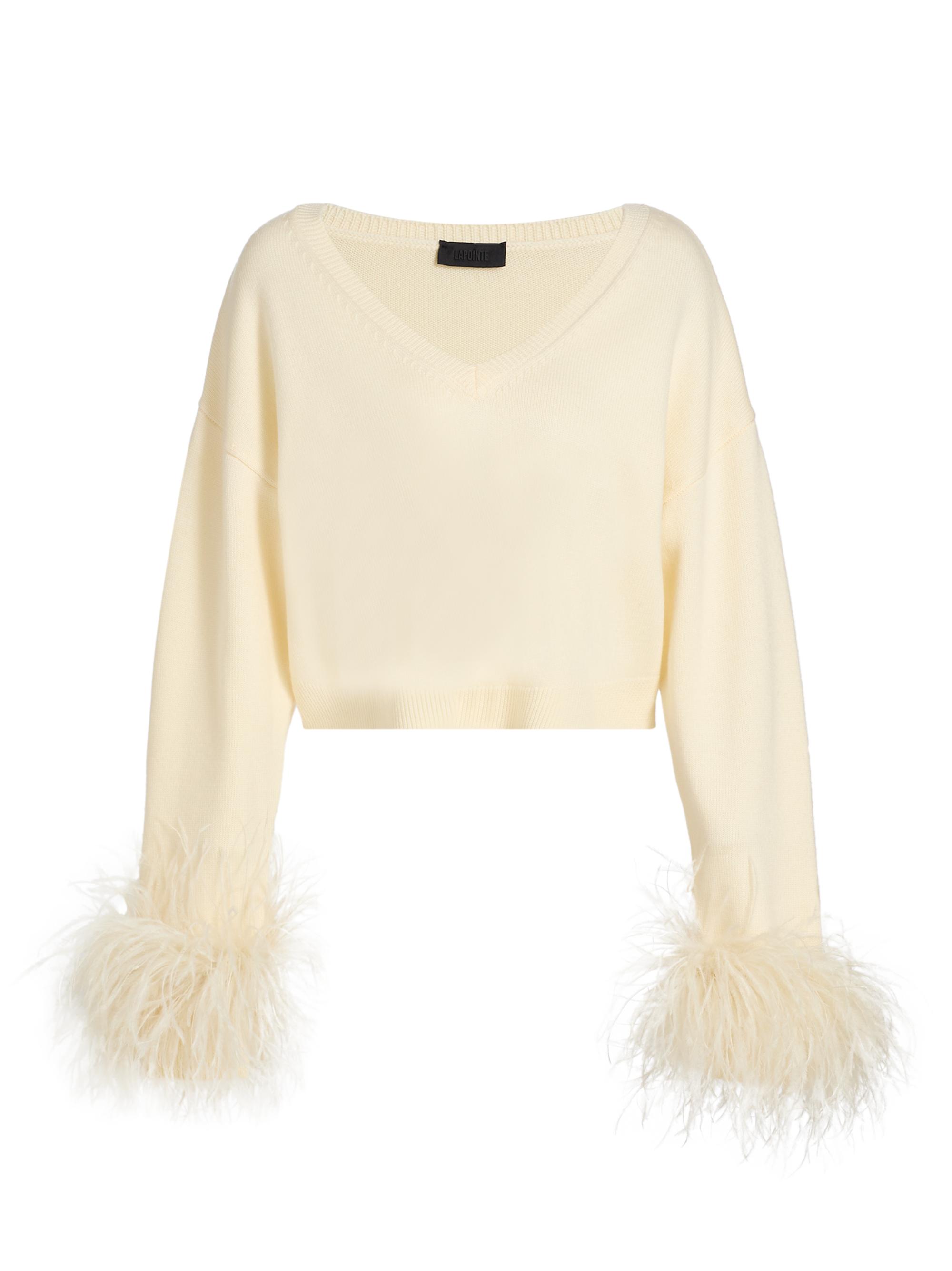 LaPointe Women's Feather-Cuff Merino Wool Crop Sweater - Cream