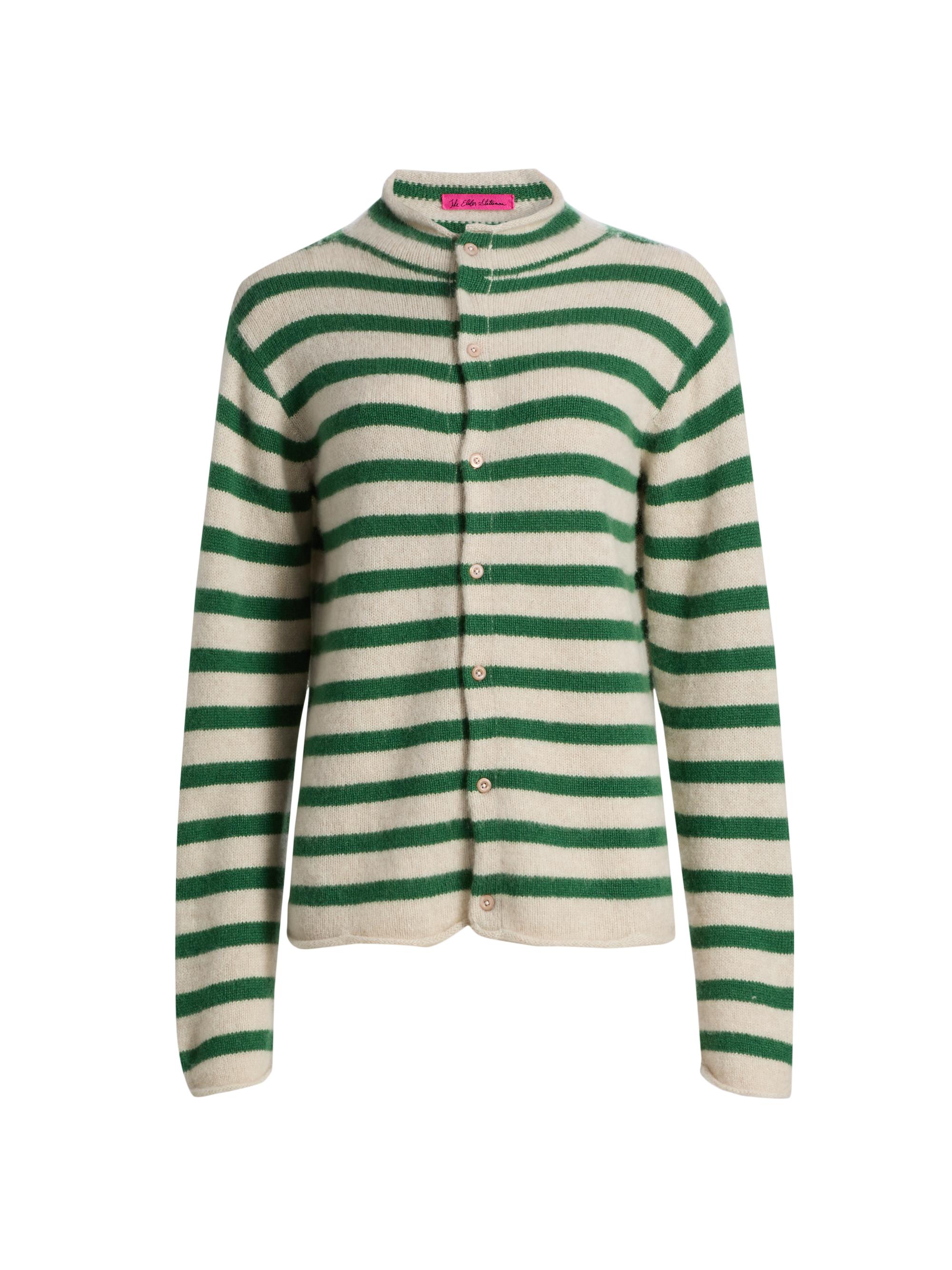 The Elder Statesman Women's Cousteau Striped Cashmere Cardigan - Fern White