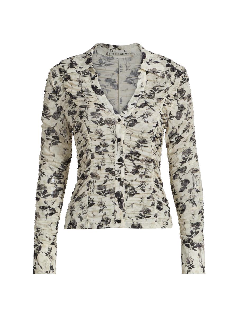 ALICE + OLIVIA Portia Floral Fitted Mesh Button-Front Top | Saks