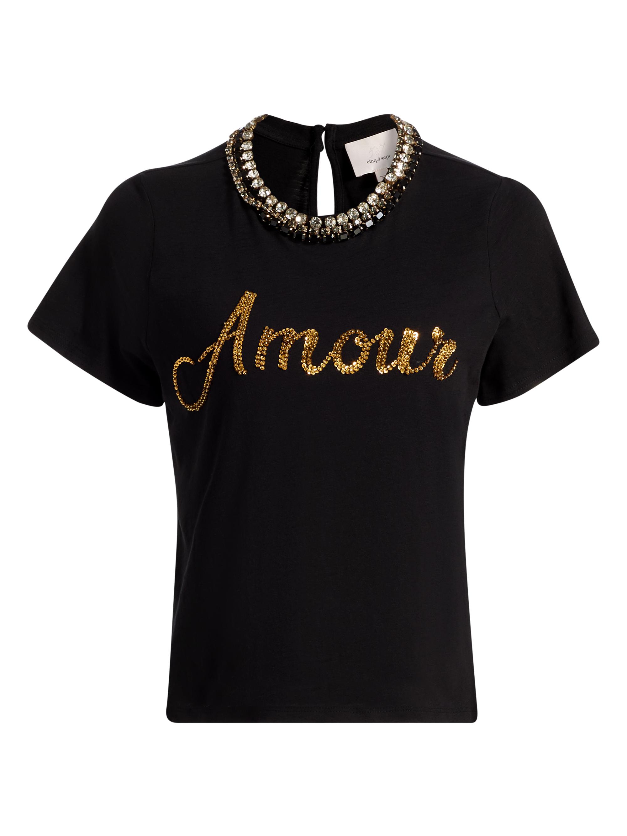 Cinq à Sept Women's Crushed Sequin Love Letter Shrunken T-Shirt - Black Gold