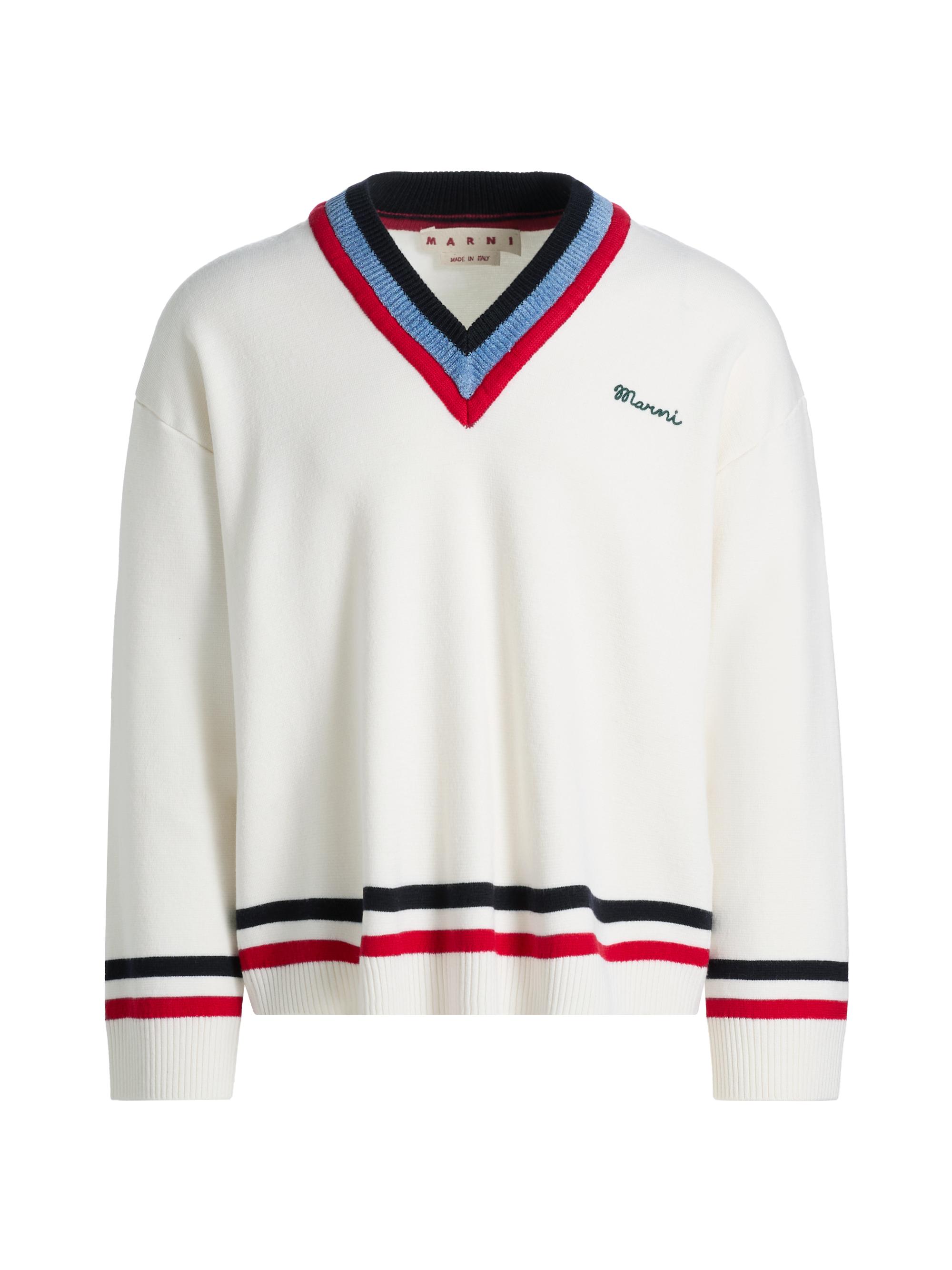 Marni Men's Striped Trim V-Neck Knit Sweater - Alabaster