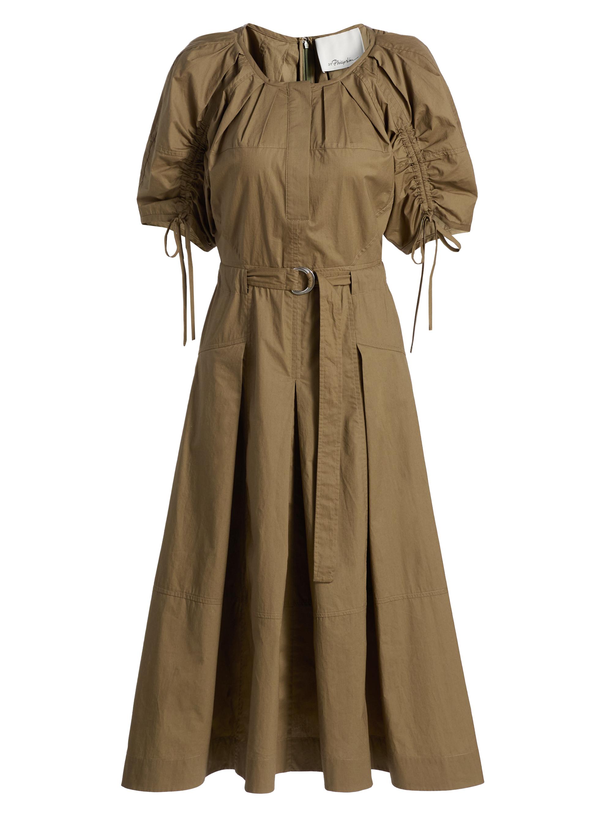 3.1 Phillip Lim Women's Ruched-Sleeve Belted Poplin Cotton Midi-Dress - Caper