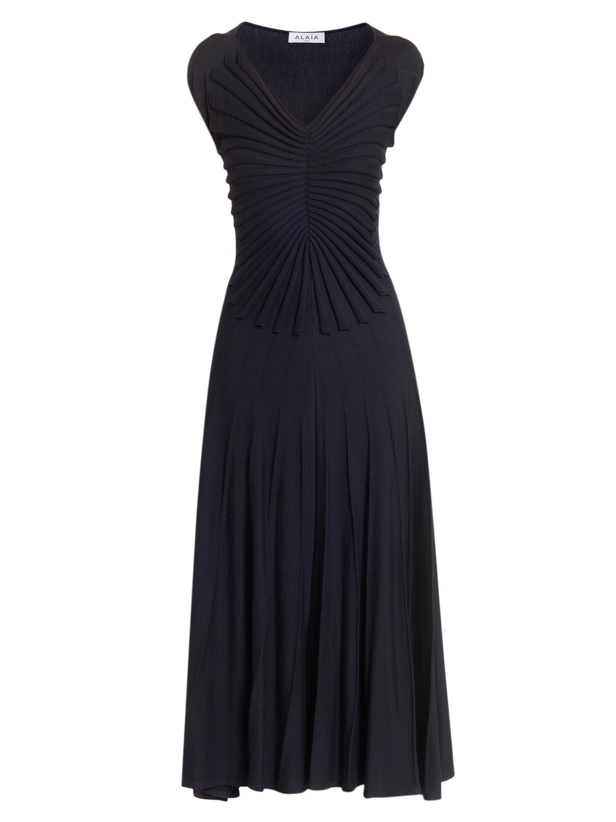 Alaïa Women's V Sculpt Pleated Wool Midi-Dress - Minuit