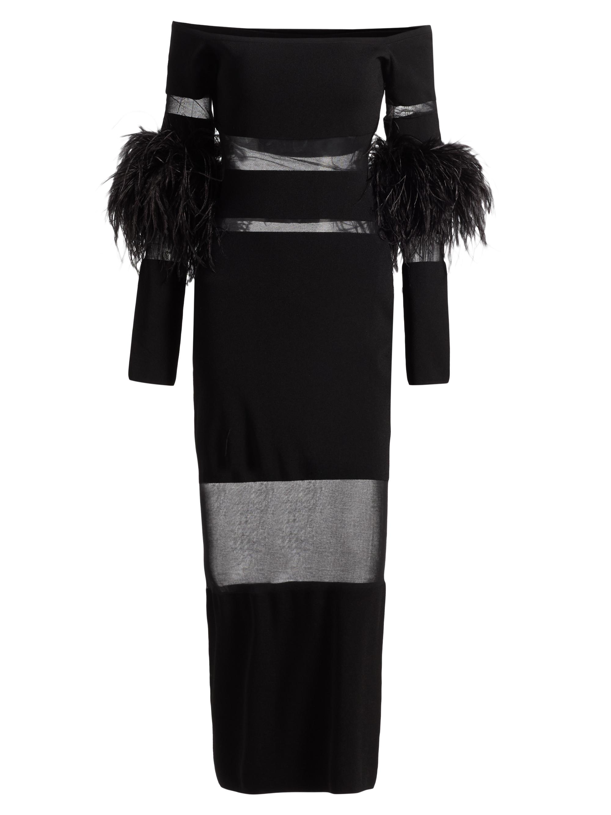LaPointe Women's Mesh Knit Feather-Trimmed Maxi Dress - Black