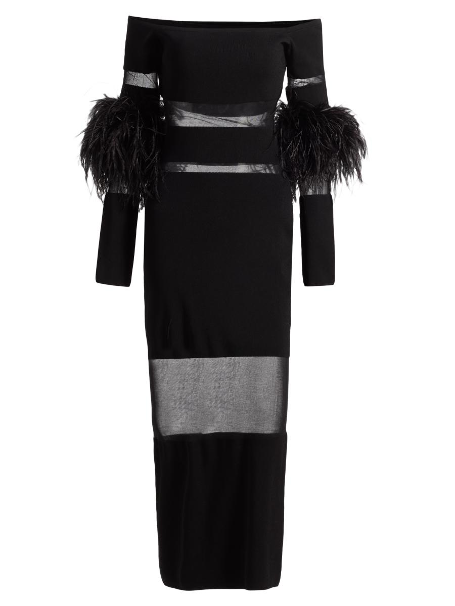 Lapointe Women's Mesh Knit Feather-trimmed Maxi Dress In Black