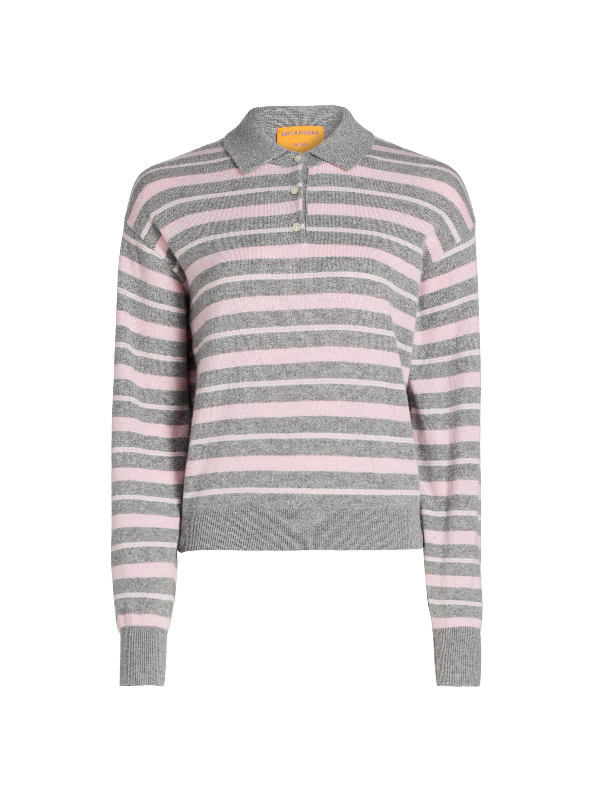 Guest in Residence Women's Collegiate Striped Cashmere Polo Sweater - Heather Grey Combo