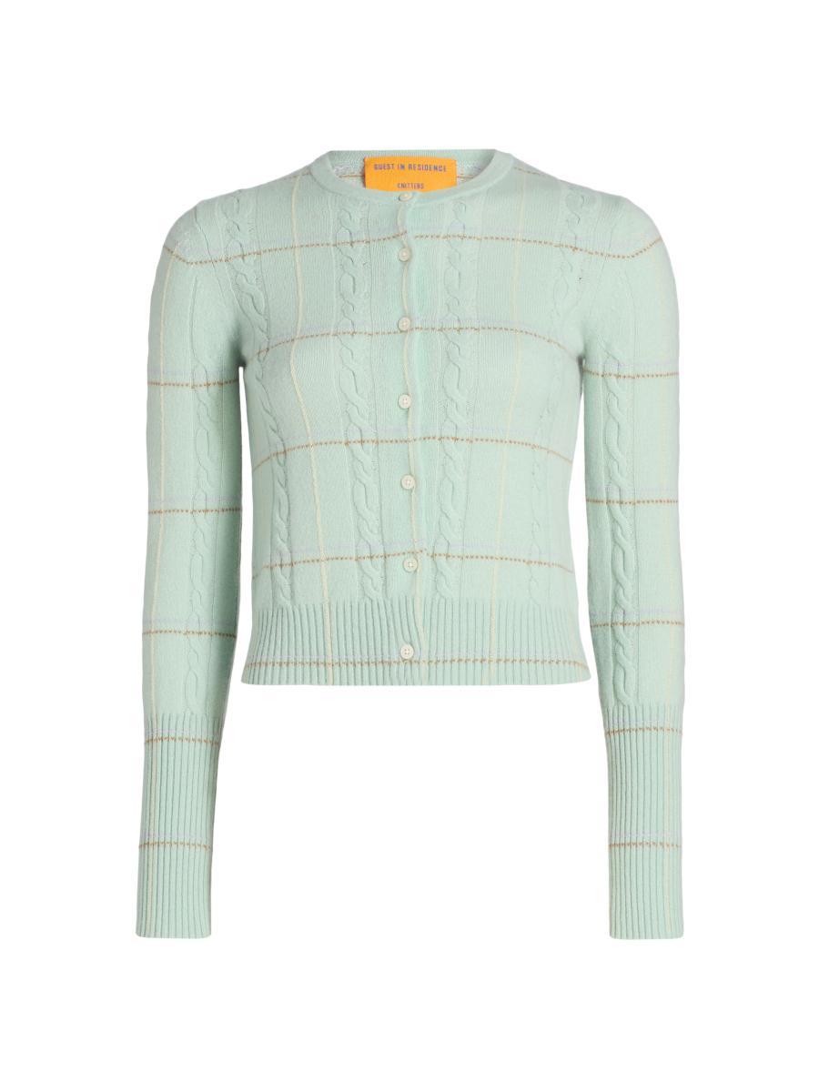 Guest in Residence Jane Plaid Cable-Knit Crewneck Cardigan | Saks