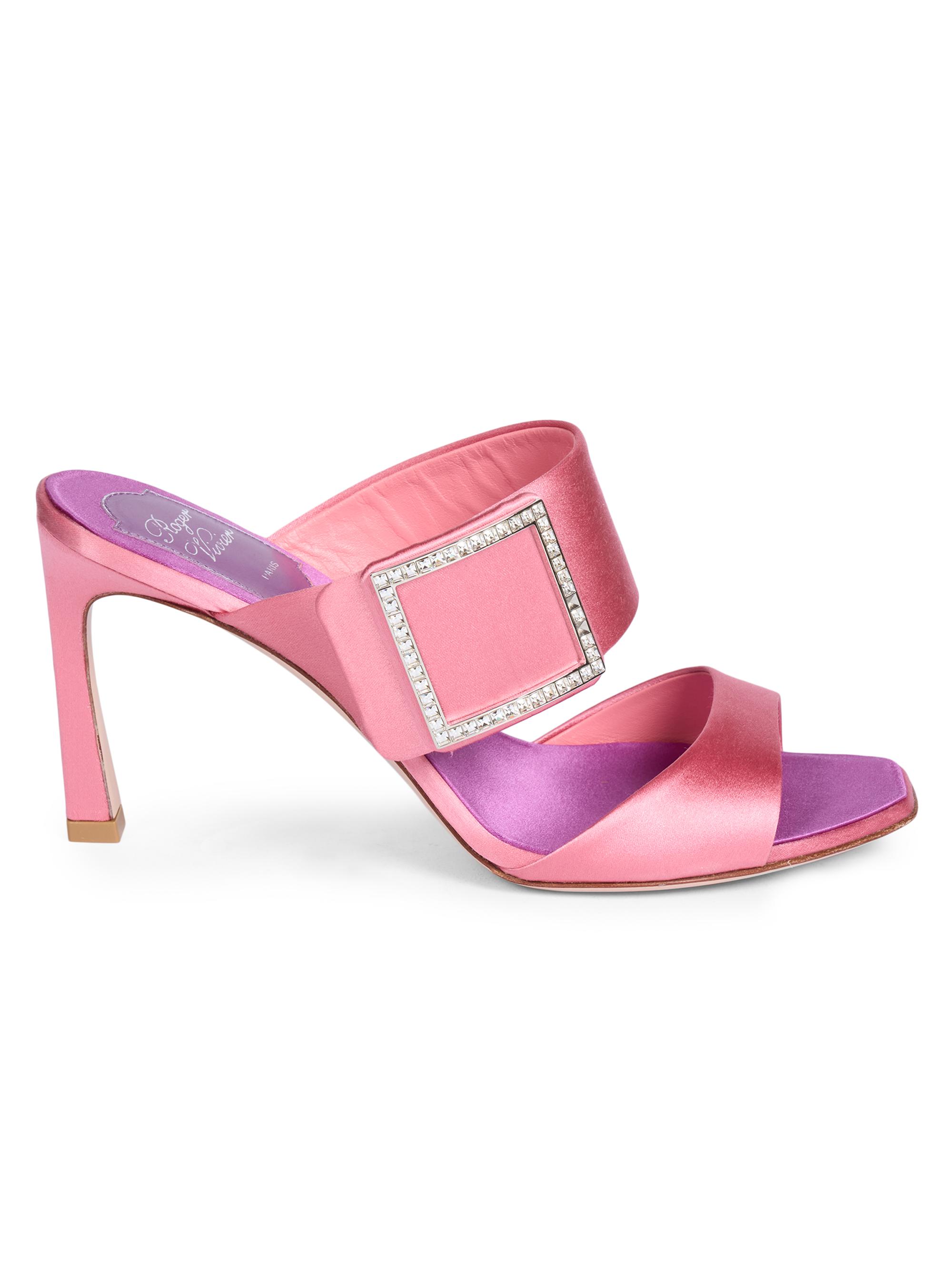 Roger Vivier Women's Trompette 85MM Strass Crystal Buckle Satin Mules - Antique Pink