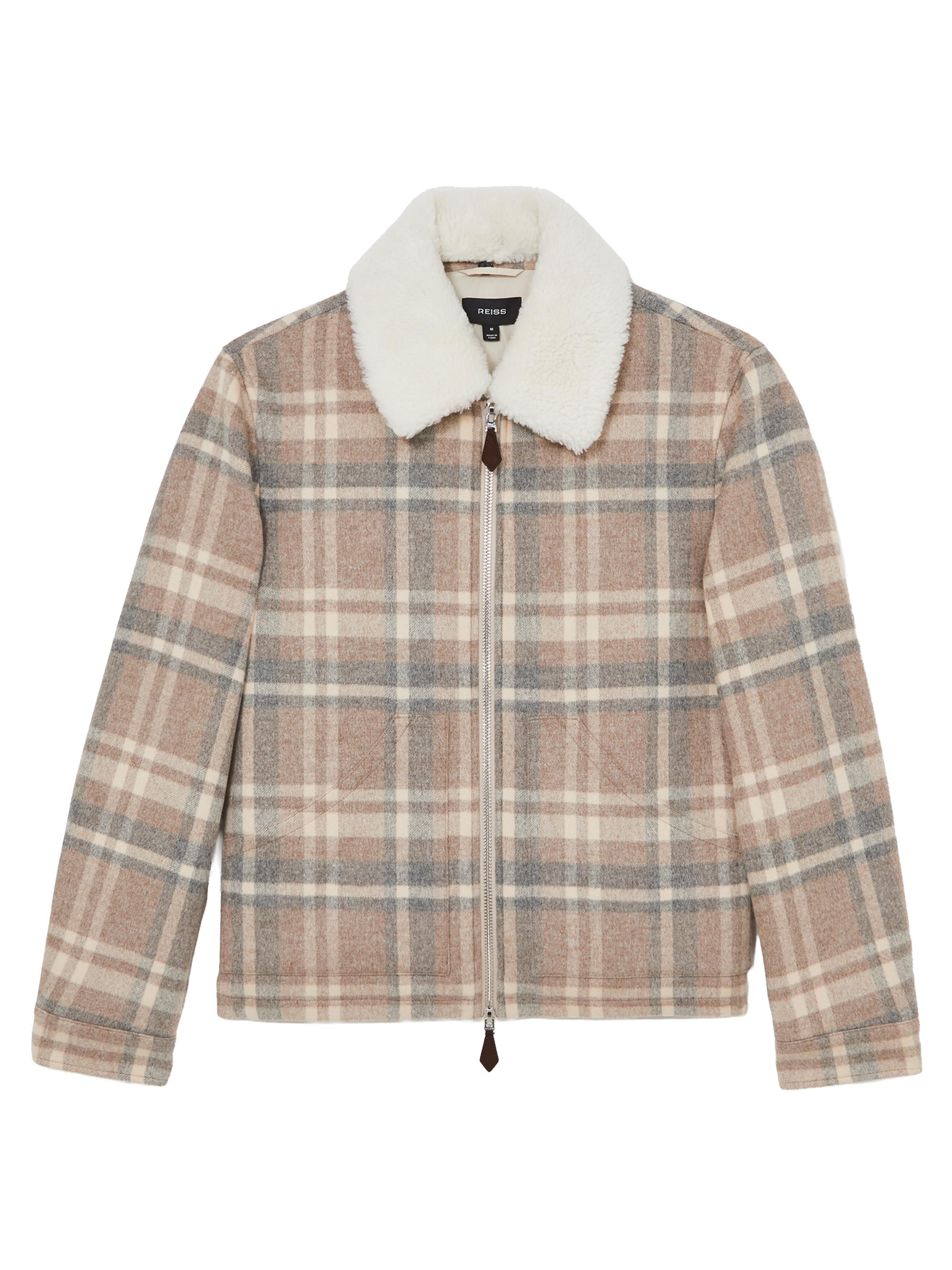 Reiss Men's Chander Faux Fur Plaid Jacket - Oatmeal Brown