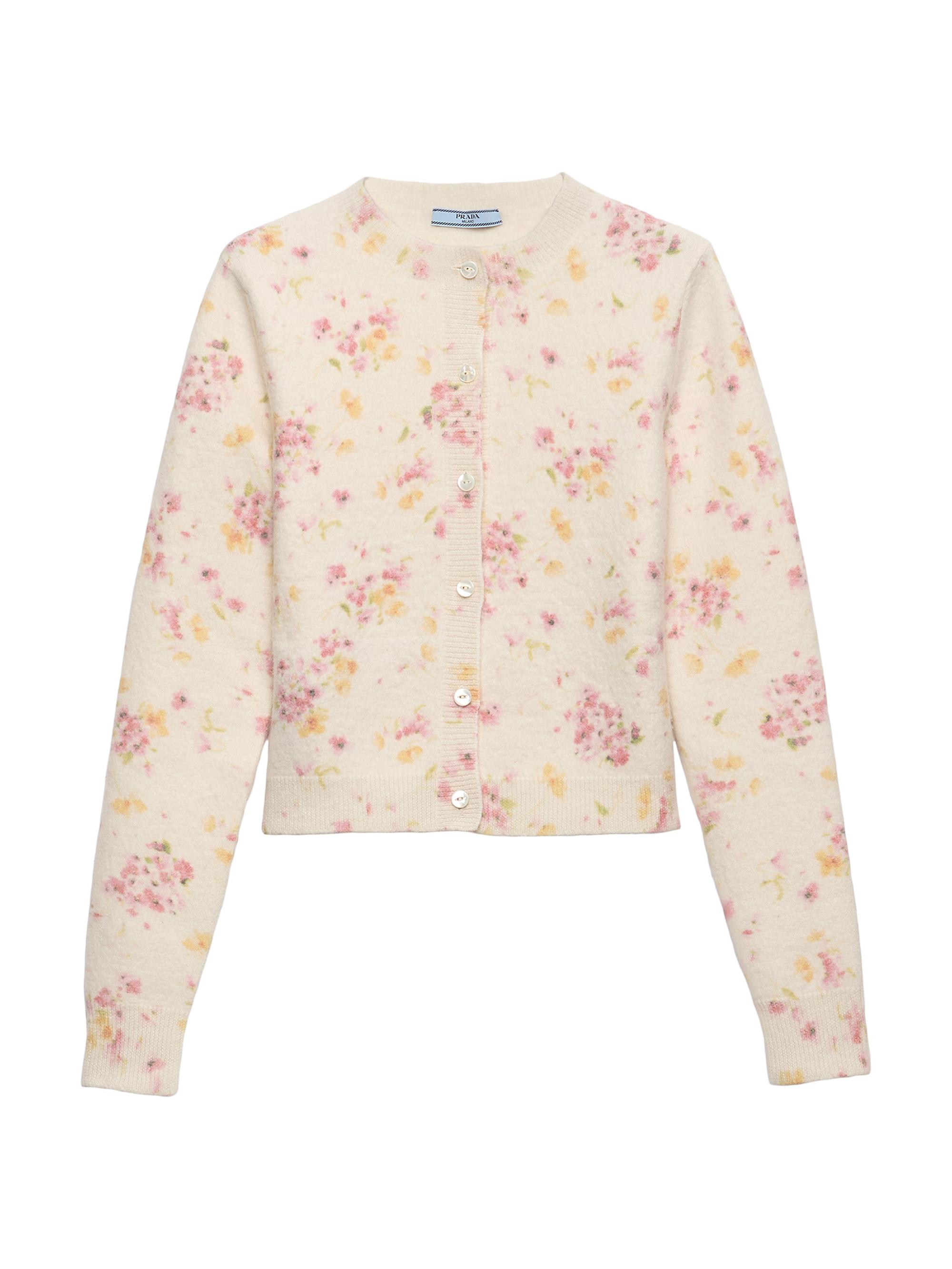 Women's Floral Print Wool Cardigan - Pink