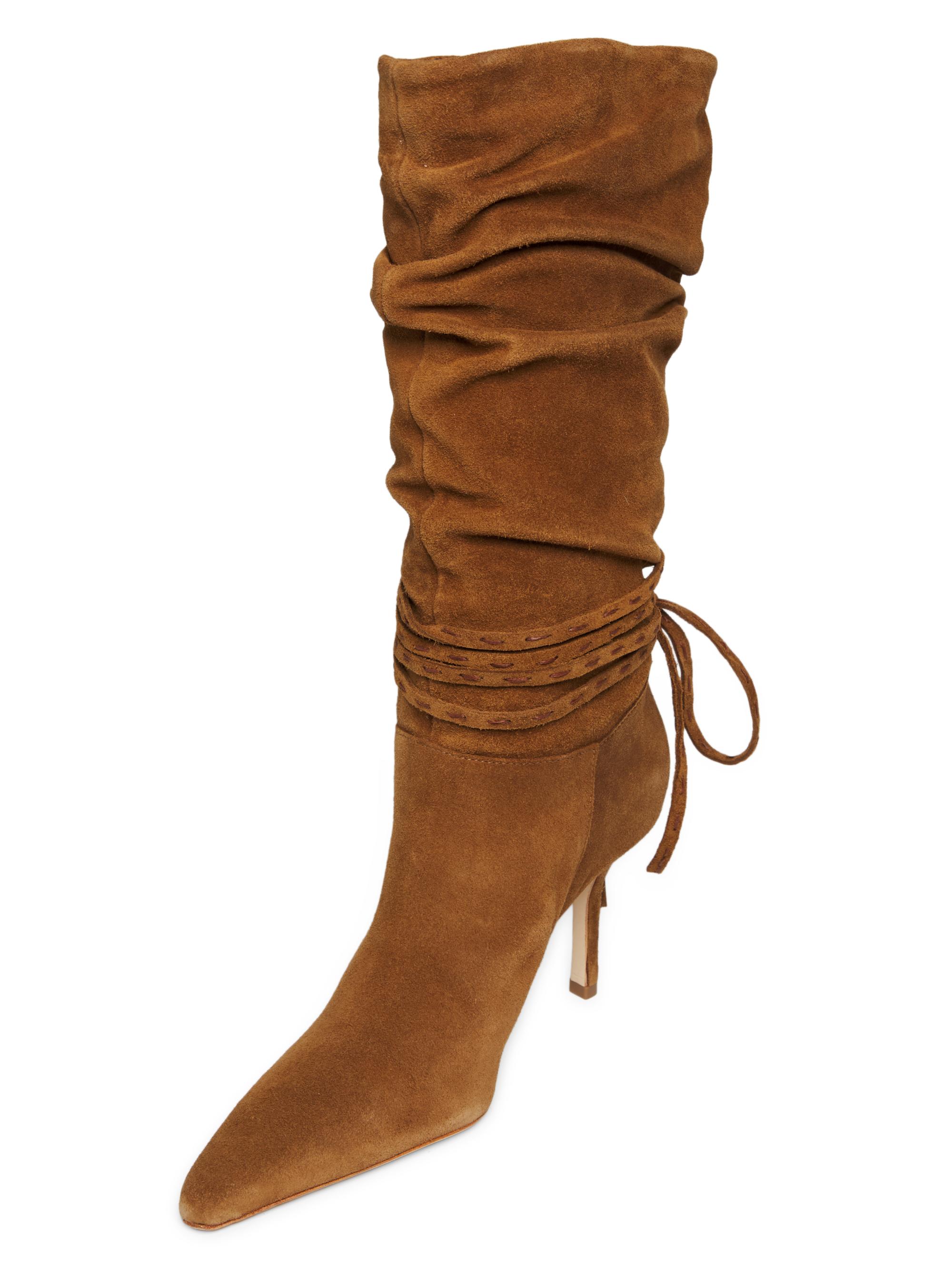 Cinq à Sept Women's Samina Wrap Around Heel 85mm Suede Boots - Golden Sienna - back view in Golden sienna