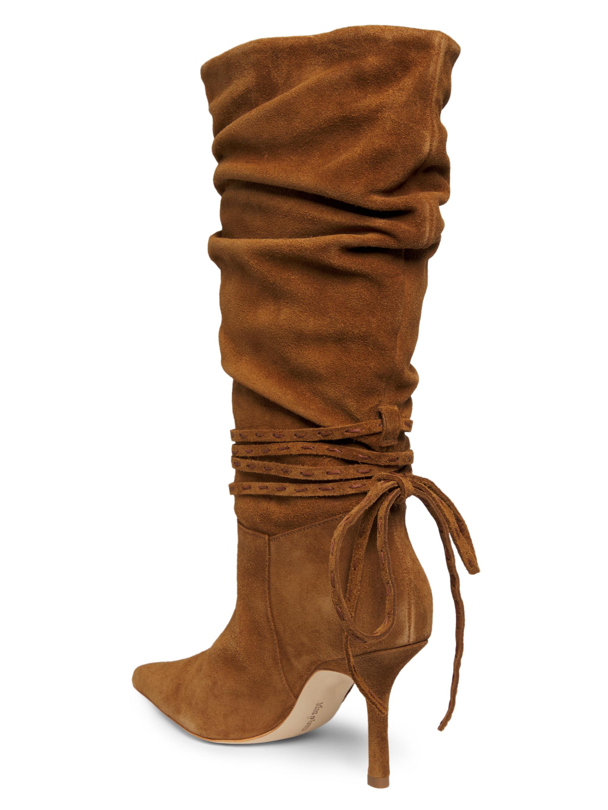 Cinq à Sept Women's Samina Wrap Around Heel 85mm Suede Boots - Golden Sienna - side view in Golden sienna