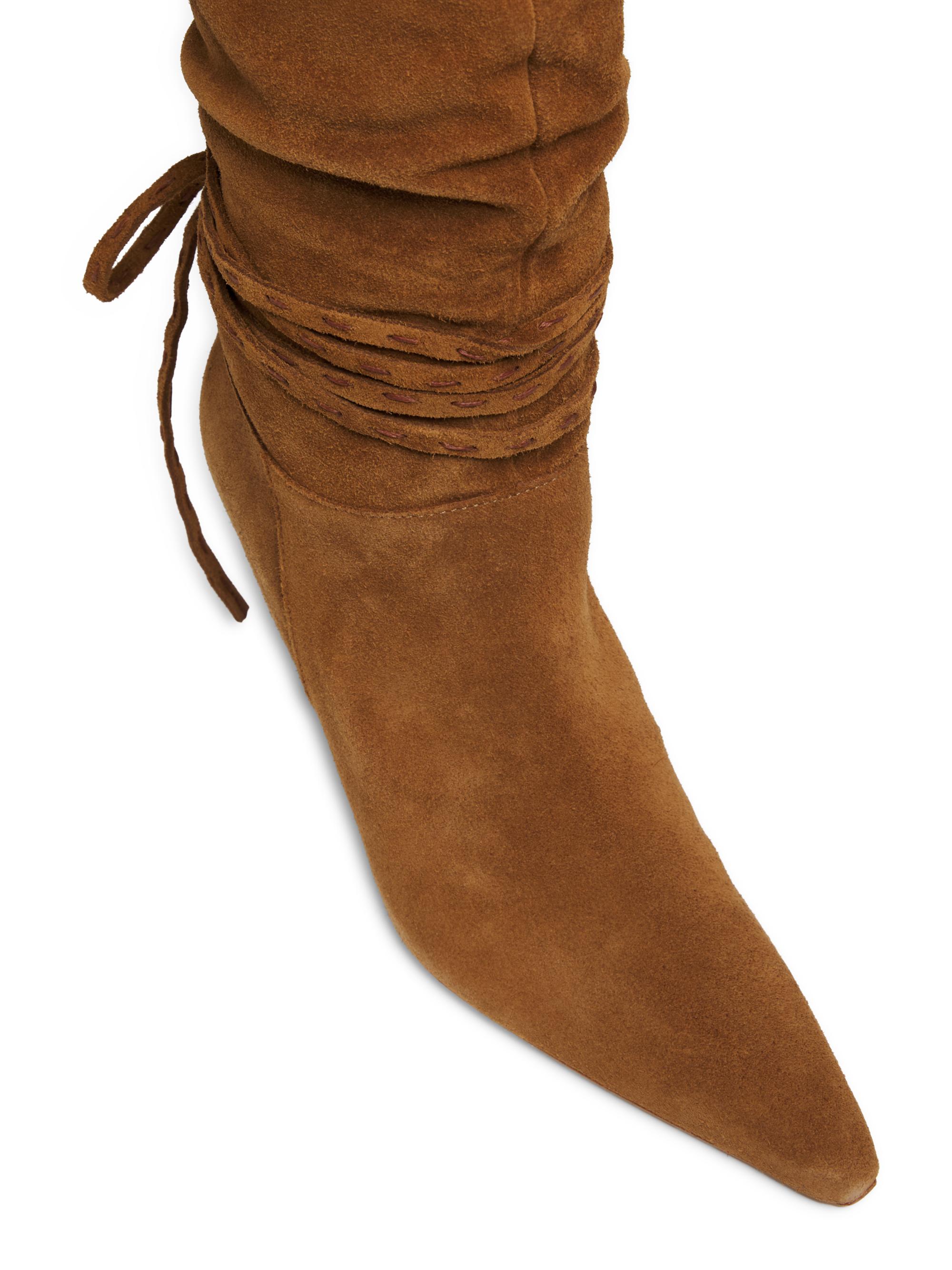 Cinq à Sept Women's Samina Wrap Around Heel 85mm Suede Boots - Golden Sienna - detail view in Golden sienna