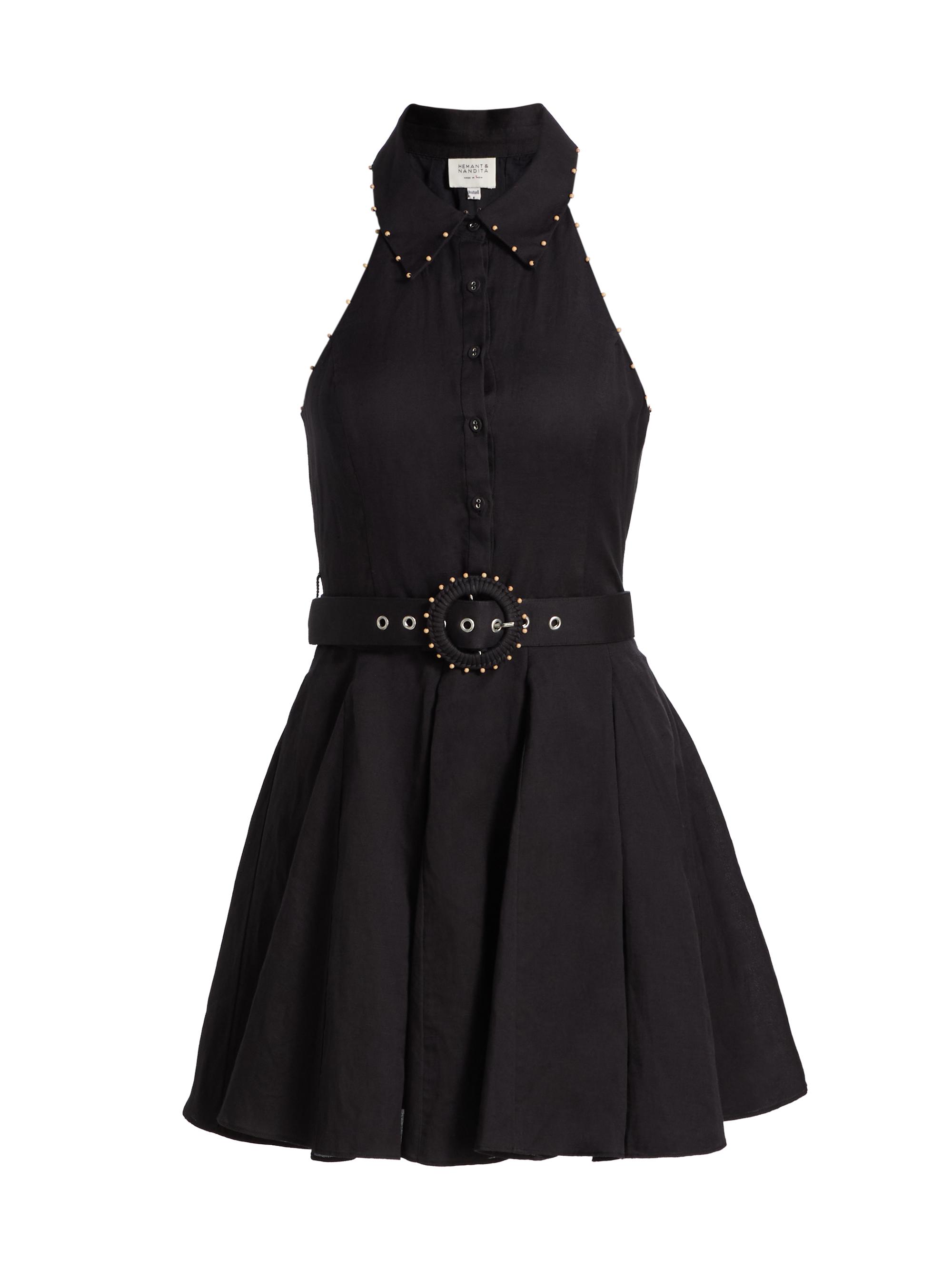 Hemant & Nandita Women's Kavi Embroidered Linen-Cotton Belted Minidress - Black