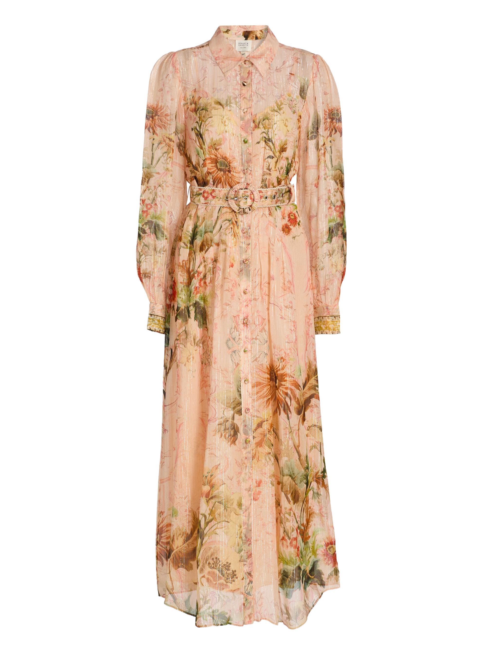 Hemant & Nandita Women's Afya Floral Belted Maxi Shirtdress - Coral