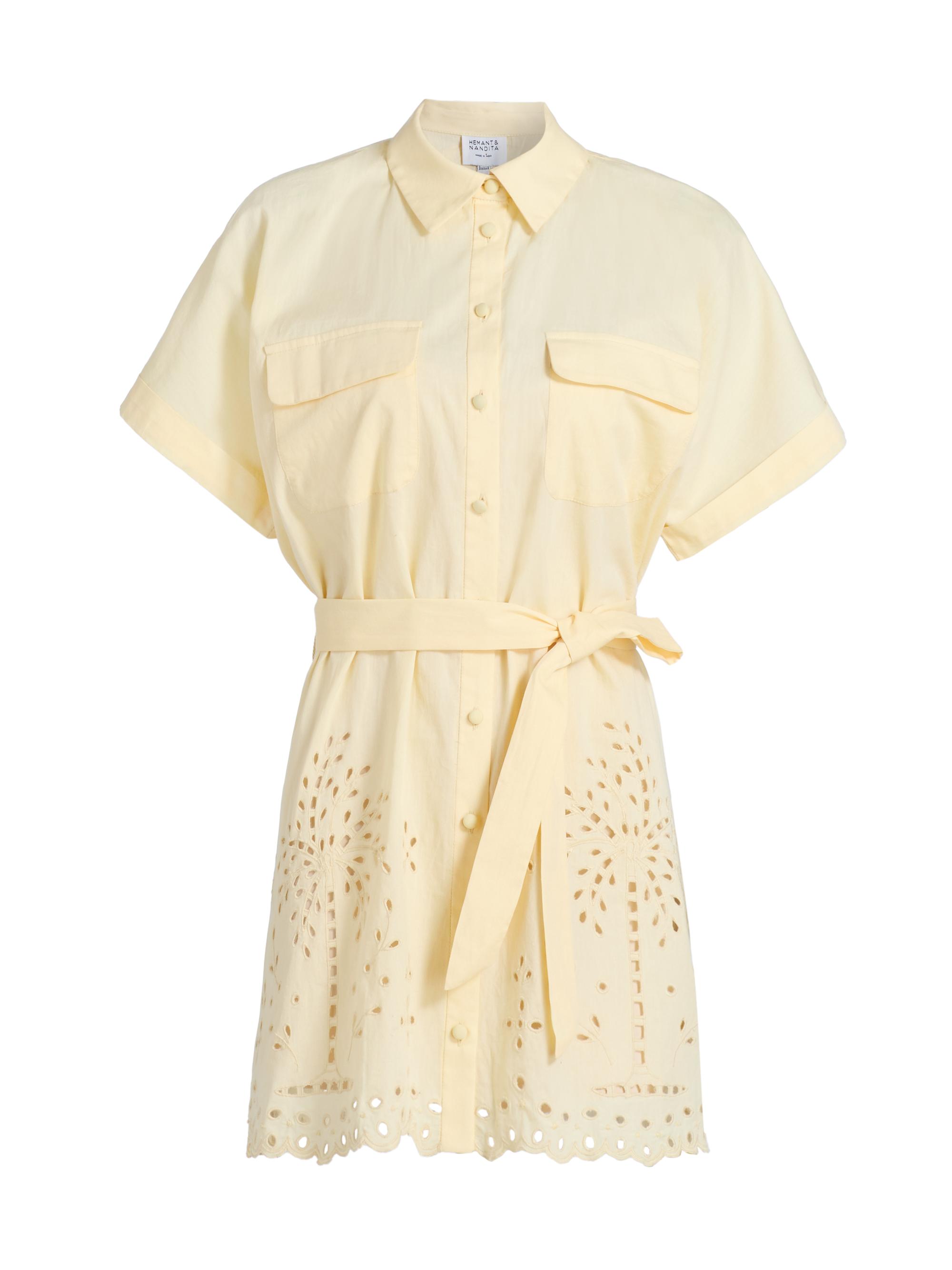 Hemant & Nandita Women's Bagh Belted Schiffli Cotton Mini Shirtdress - Yellow