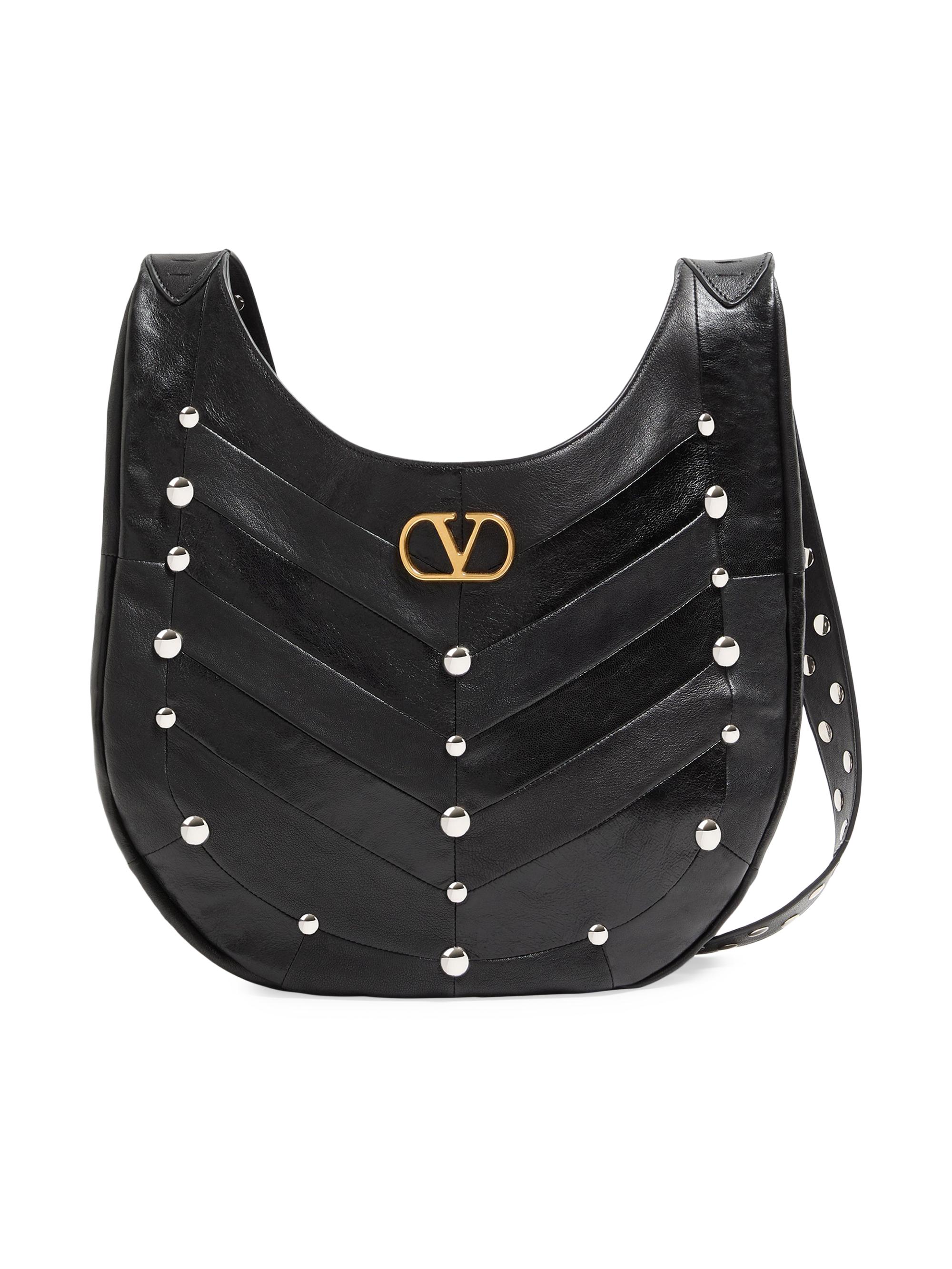 Valentino Garavani Women's Hoboho Hobo Bag in Chevron Pattern Nappa Leather with Studs - Black
