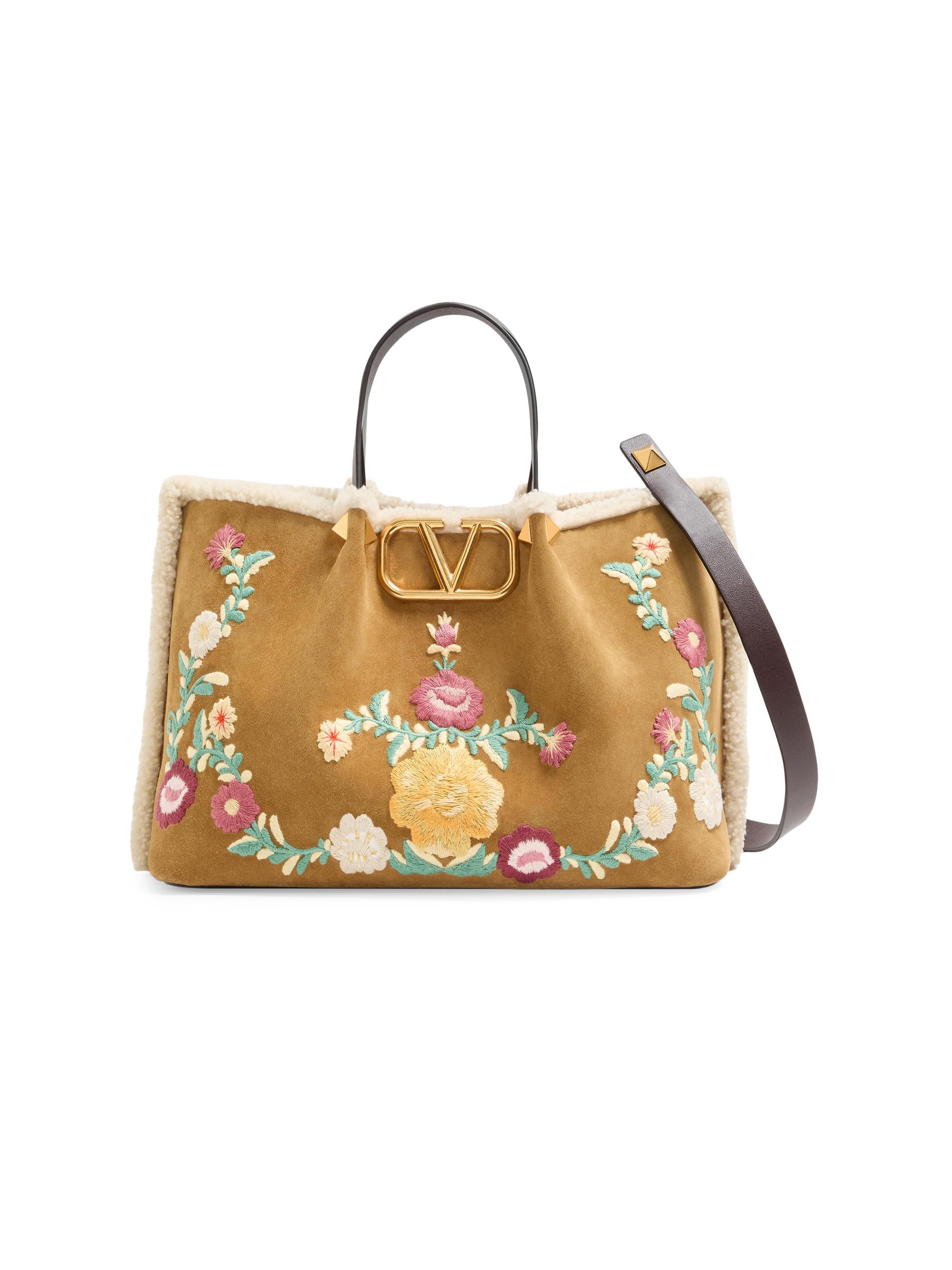 Valentino Garavani Women's  Shopping Bag in Embroidered Suede with Sheepskin Lining - Havana Beige