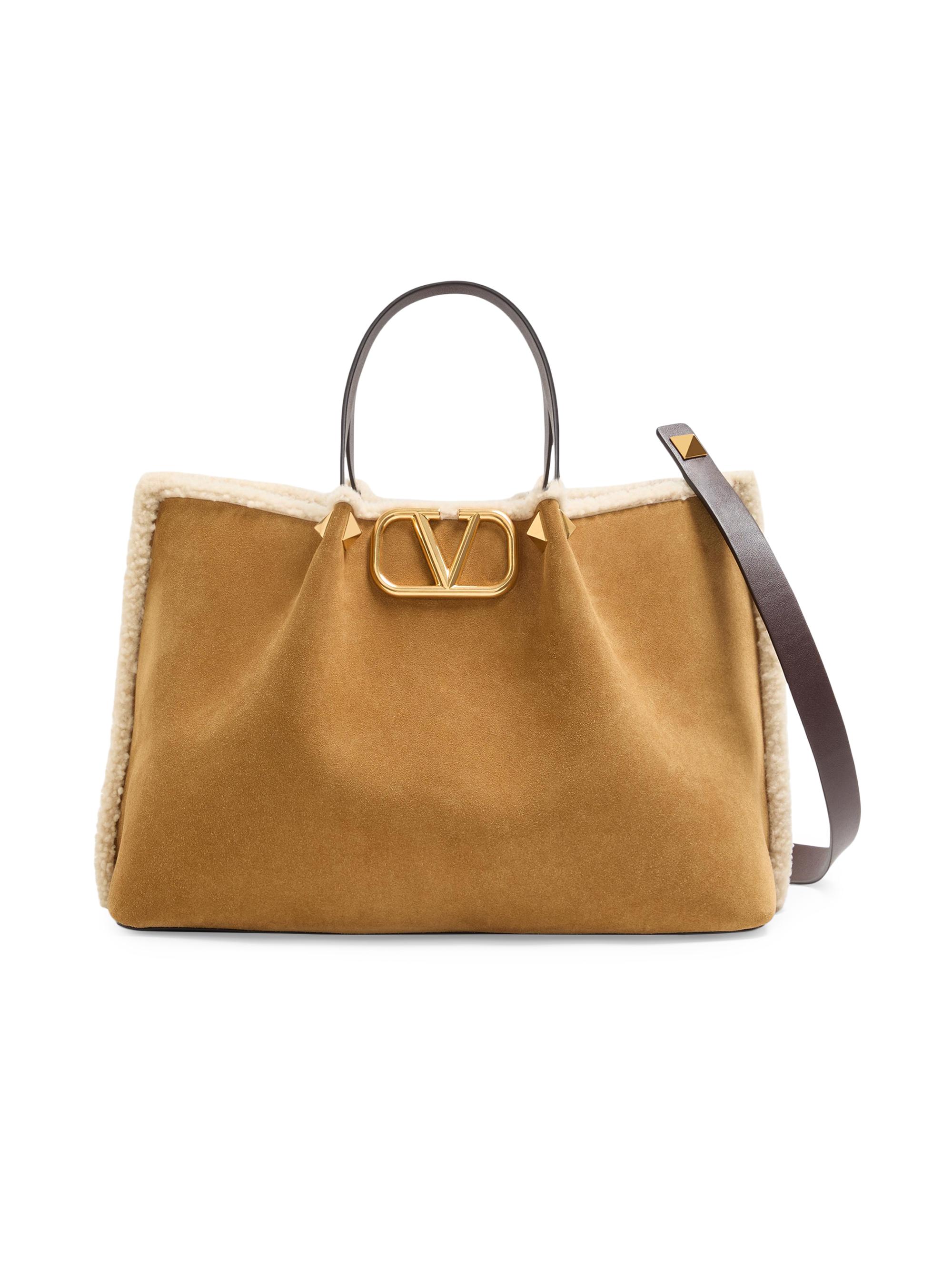 Valentino Garavani Women's  Suede Shopping Bag with Sheepskin Lining - Havana Beige
