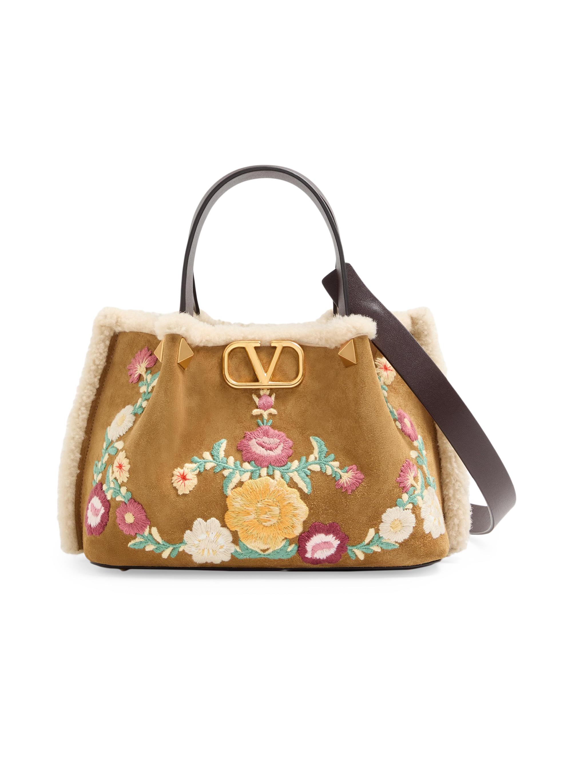 Valentino Garavani Women's  Top Handle Bag in Embroidered Suede with Sheepskin Lining - Havana Beige