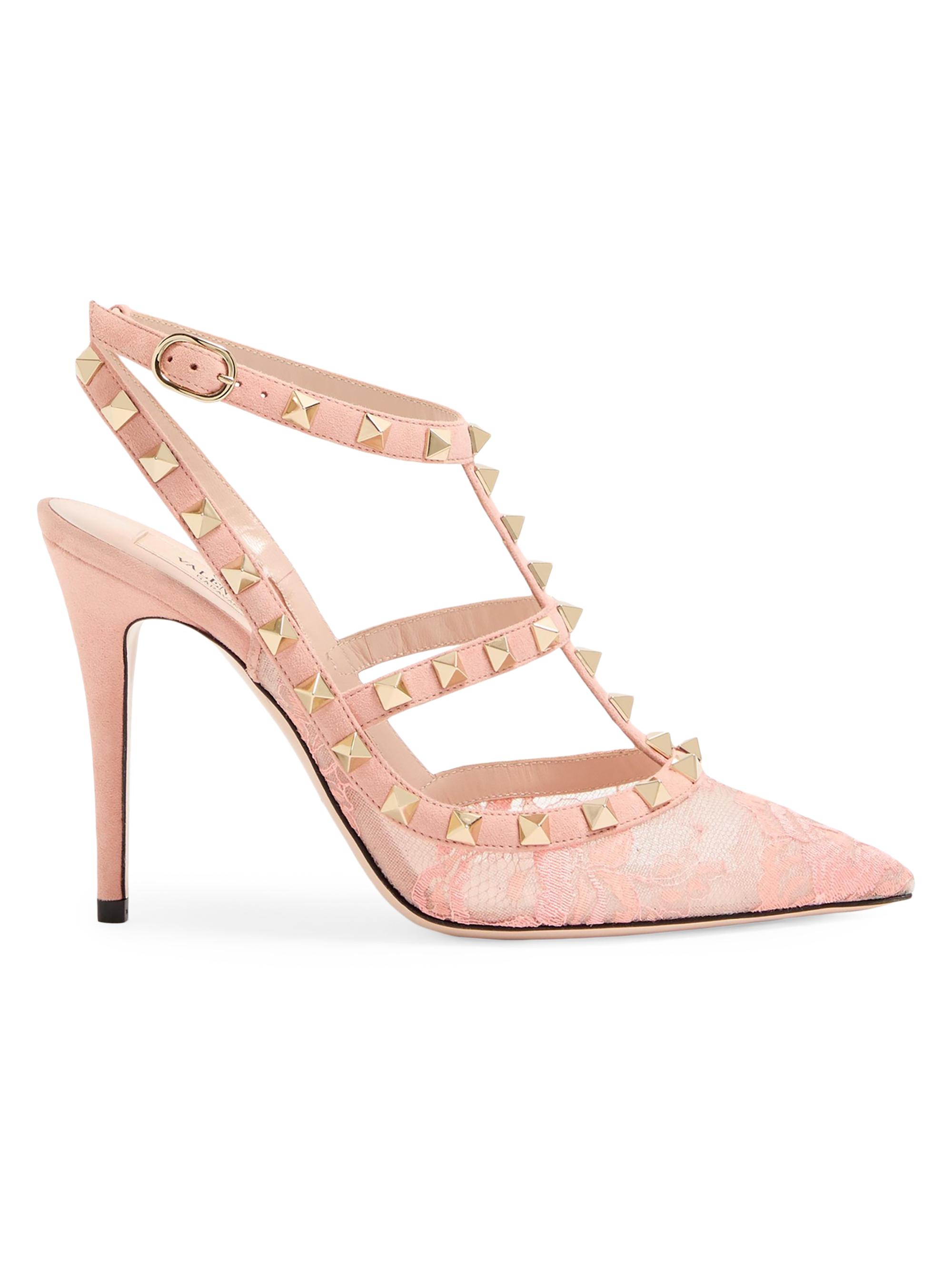 Valentino Garavani Women's Rockstud 100MM Lace Pump with Straps - Peach Rose